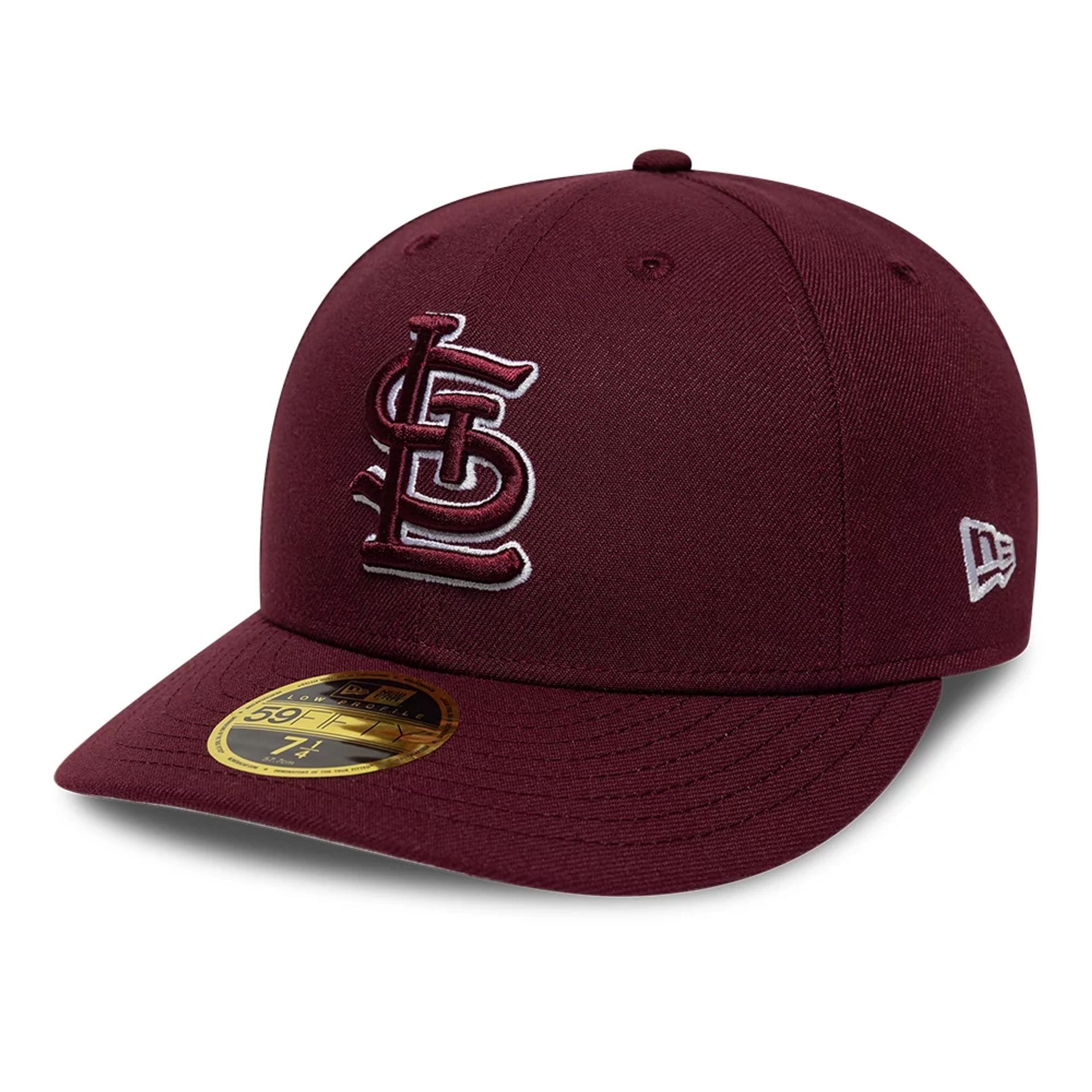 Pictured is this MLB College Varsity St. Louis Cardinals Low Profile 59FIFTY Fitted cap in dark red. 1