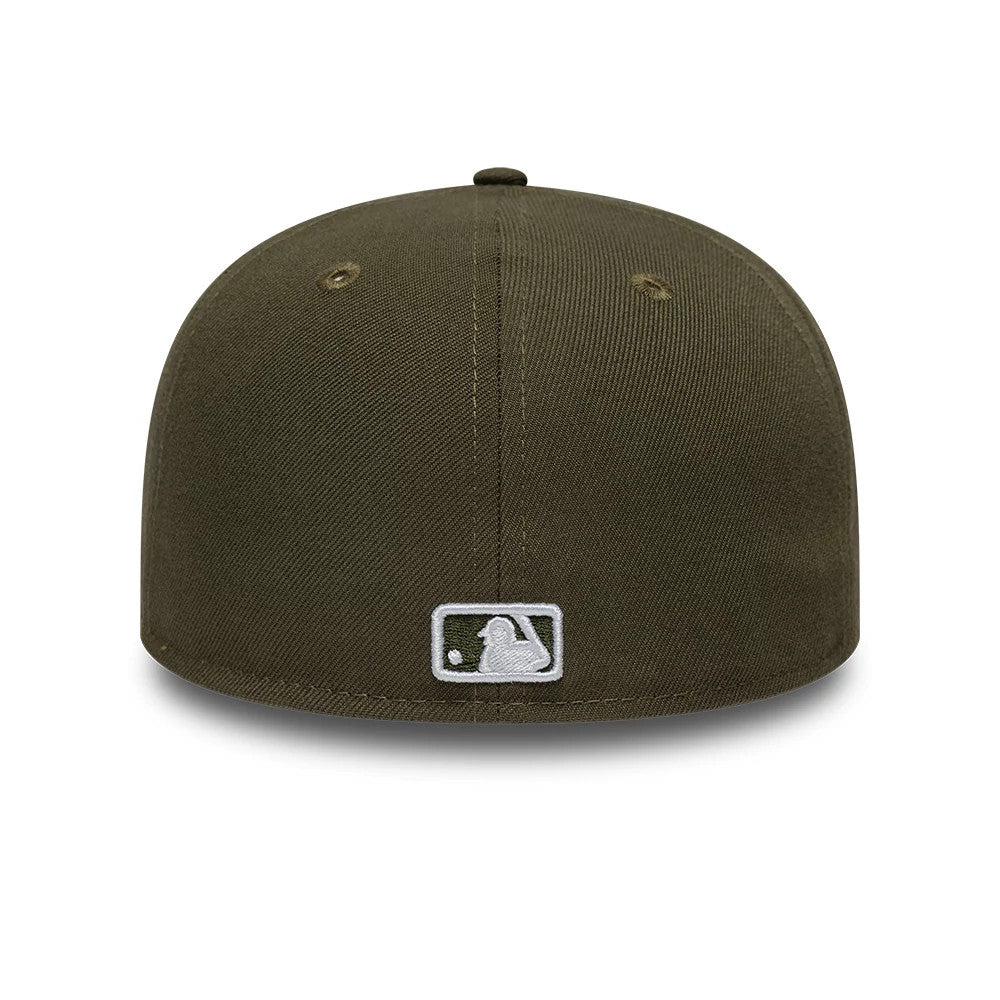 Seattle Mariners MLB College Varsity Dark Green Low Profile New Era 59FIFTY Fitted Cap, rear view showing the white embroidered MLB Batterman logo at the centre of the back panels, set low on the structured dark green crown.