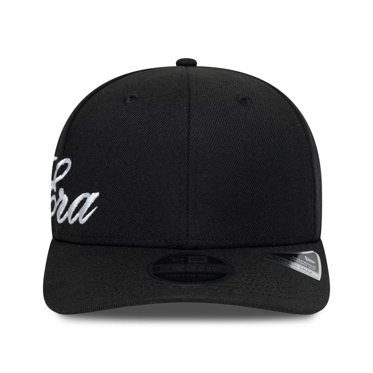 Pictured is this New Era Big Script 9SEVENTY Stretch Snap cap in black. 2