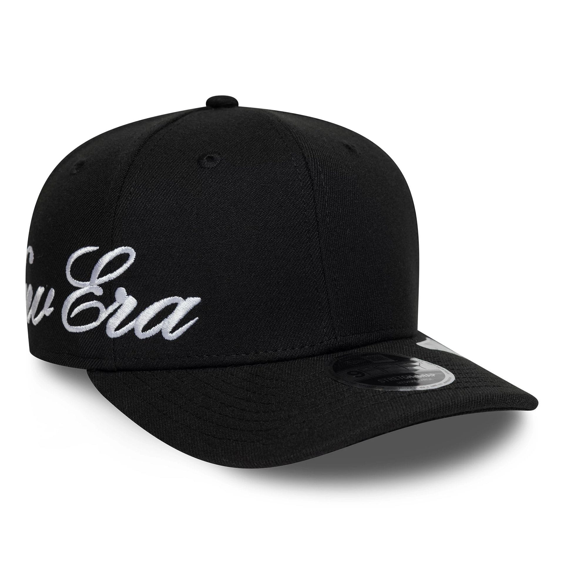 Pictured is this New Era Big Script 9FIFTY Stretch Snap cap in black. 1