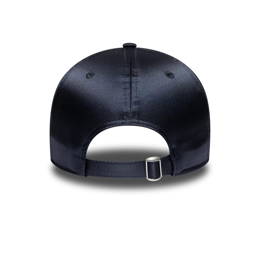 New Era Satin Navy New Era 9FORTY Adjustable Cap, rear view showing the sleek navy satin finish and an adjustable strap with a silver buckle, centred low on the back panels for a tailored fit.