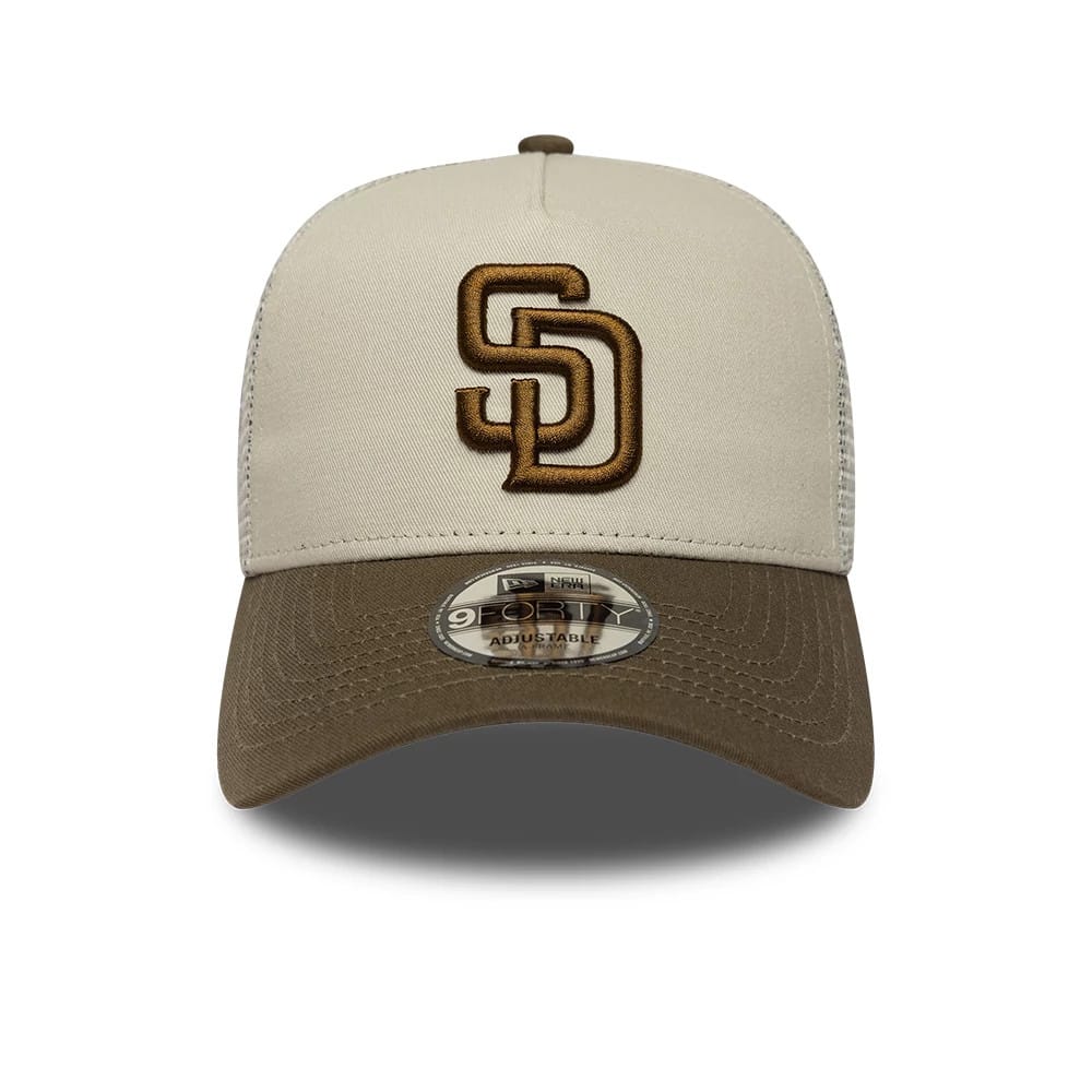 Pictured is this MLB Patch San Diego Padres 9FORTY A-Frame Trucker cap in light beige. 2