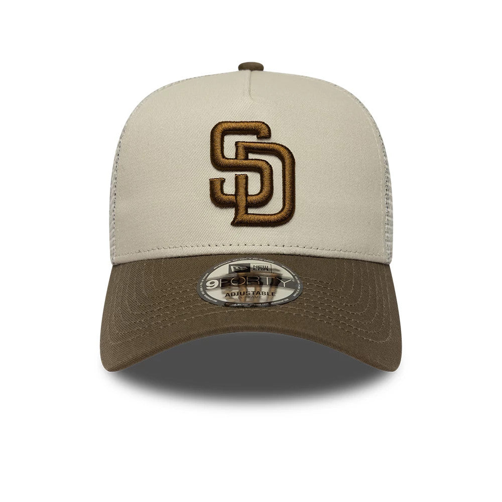 Pictured is this MLB Patch San Diego Padres 9FORTY A-Frame Trucker cap in light beige & brown. 2