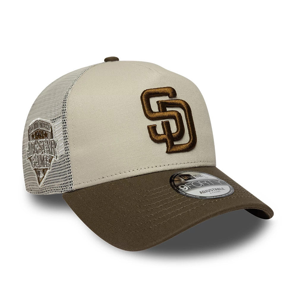 Pictured is this MLB Patch San Diego Padres 9FORTY A-Frame Trucker cap in light beige & brown. 1