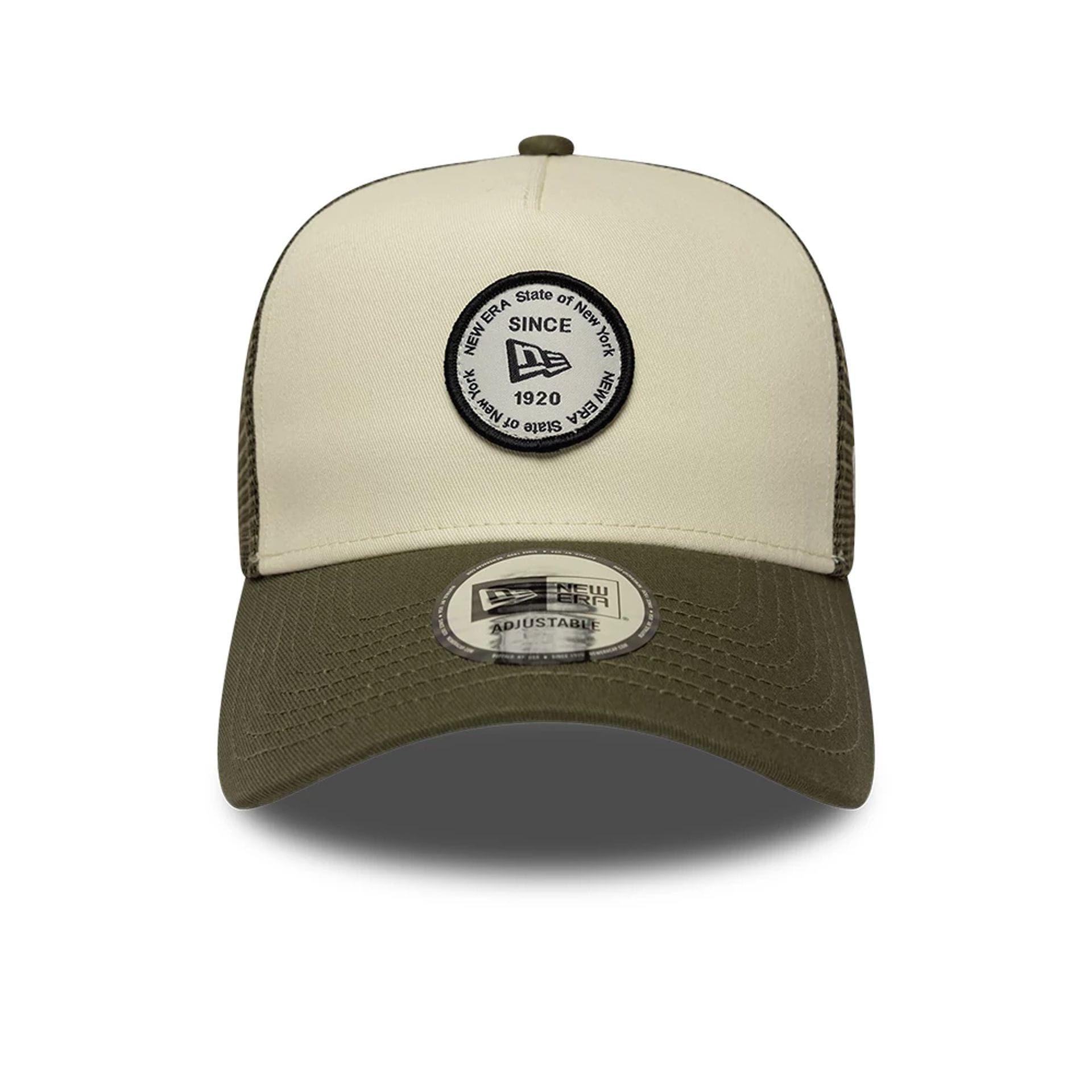 Pictured is this New Era Round Patch 9FORTY A-Frame Trucker Adjustable cap in white. 2