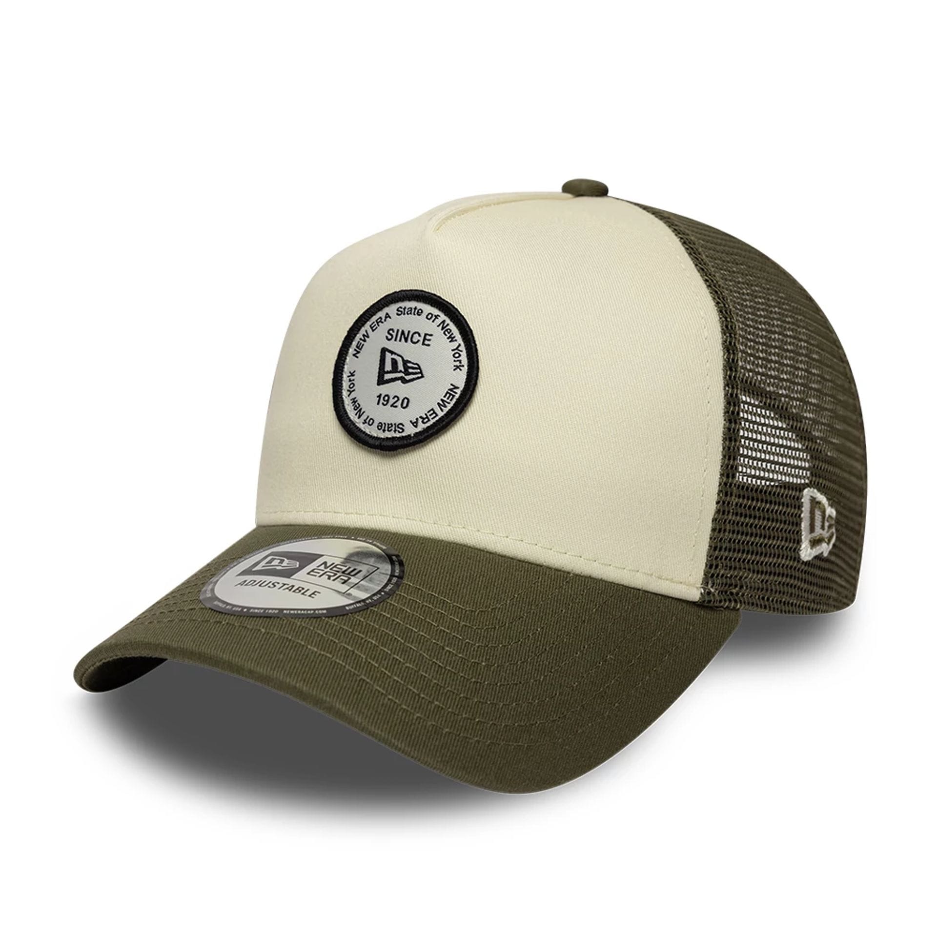 Pictured is this New Era Round Patch 9FORTY A-Frame Trucker Adjustable cap in white. 1