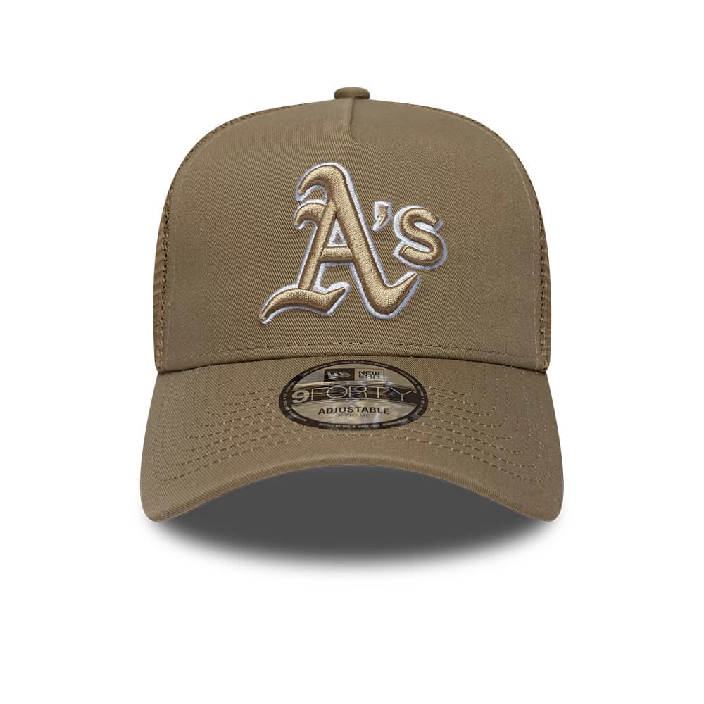 Pictured is this MLB Patch Athletics 9FORTY A-Frame Trucker cap in dark green. 2