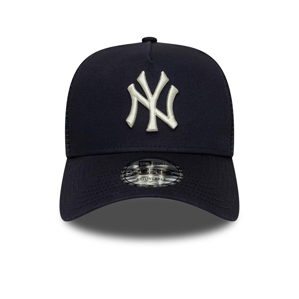 New York Yankees MLB Mesh Navy New Era 9FORTY A-Frame Trucker Adjustable Cap, front view showing raised white embroidered NY logo on structured panels, with 9FORTY size sticker on the curved visor.