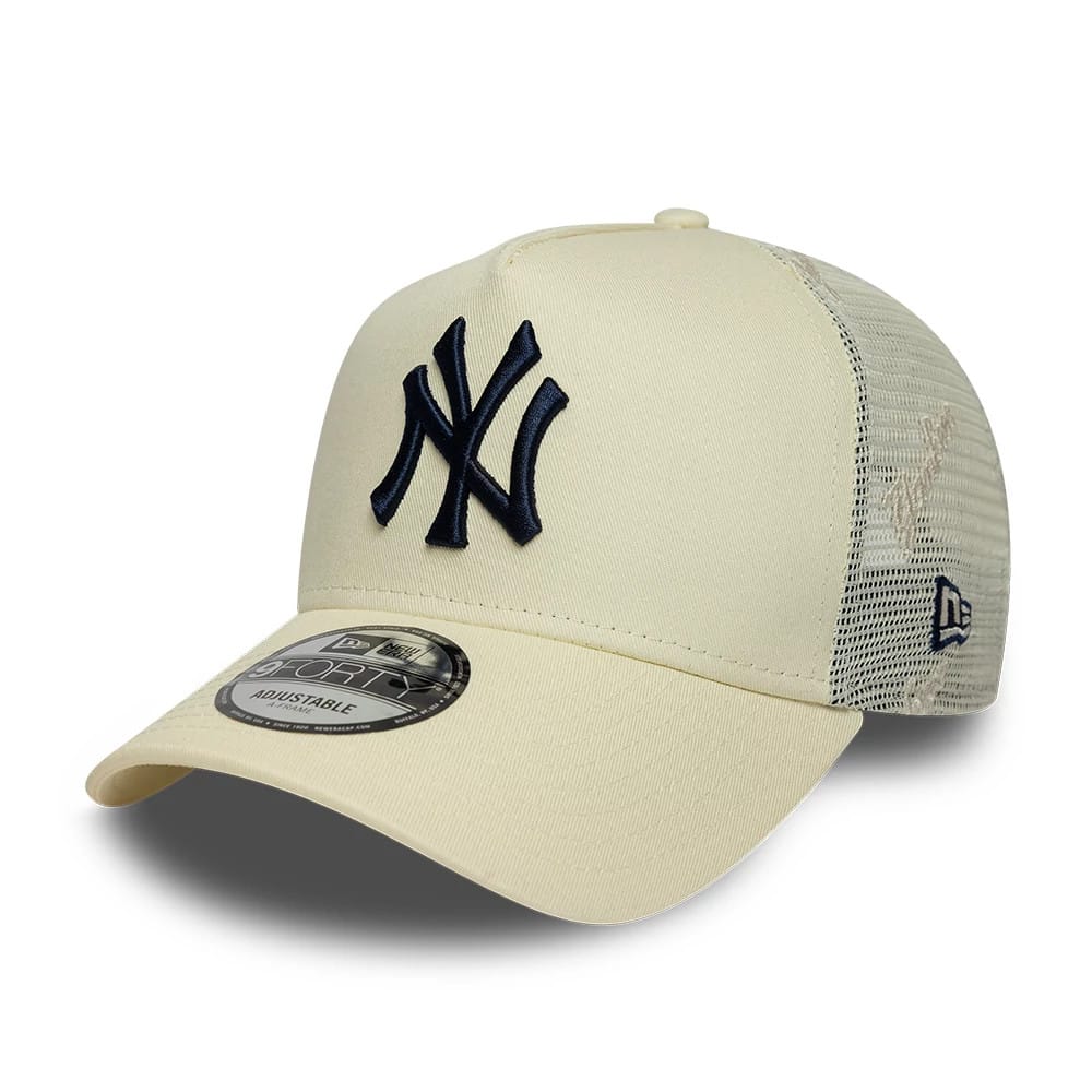 Pictured is this MLB Mesh New York Yankees 9FORTY A-Frame Trucker cap in cream. 1