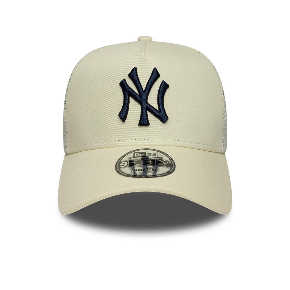 Pictured is this MLB Mesh New York Yankees 9FORTY A-Frame Trucker cap in cream. 2