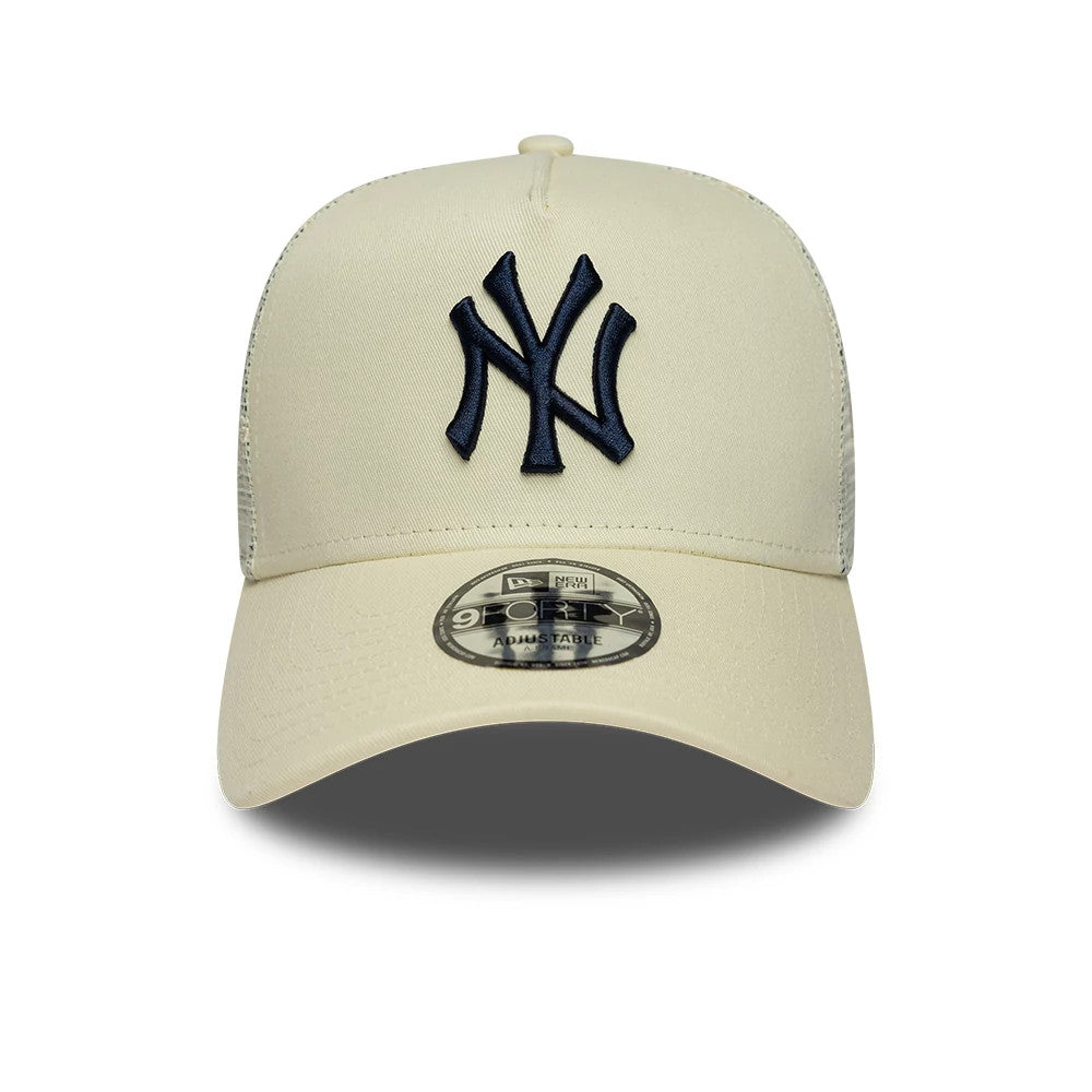 Pictured is this MLB Mesh New York Yankees 9FORTY A-Frame Trucker cap in cream. 2