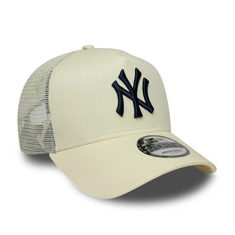 Pictured is this MLB Mesh New York Yankees 9FORTY A-Frame Trucker cap in cream. 3