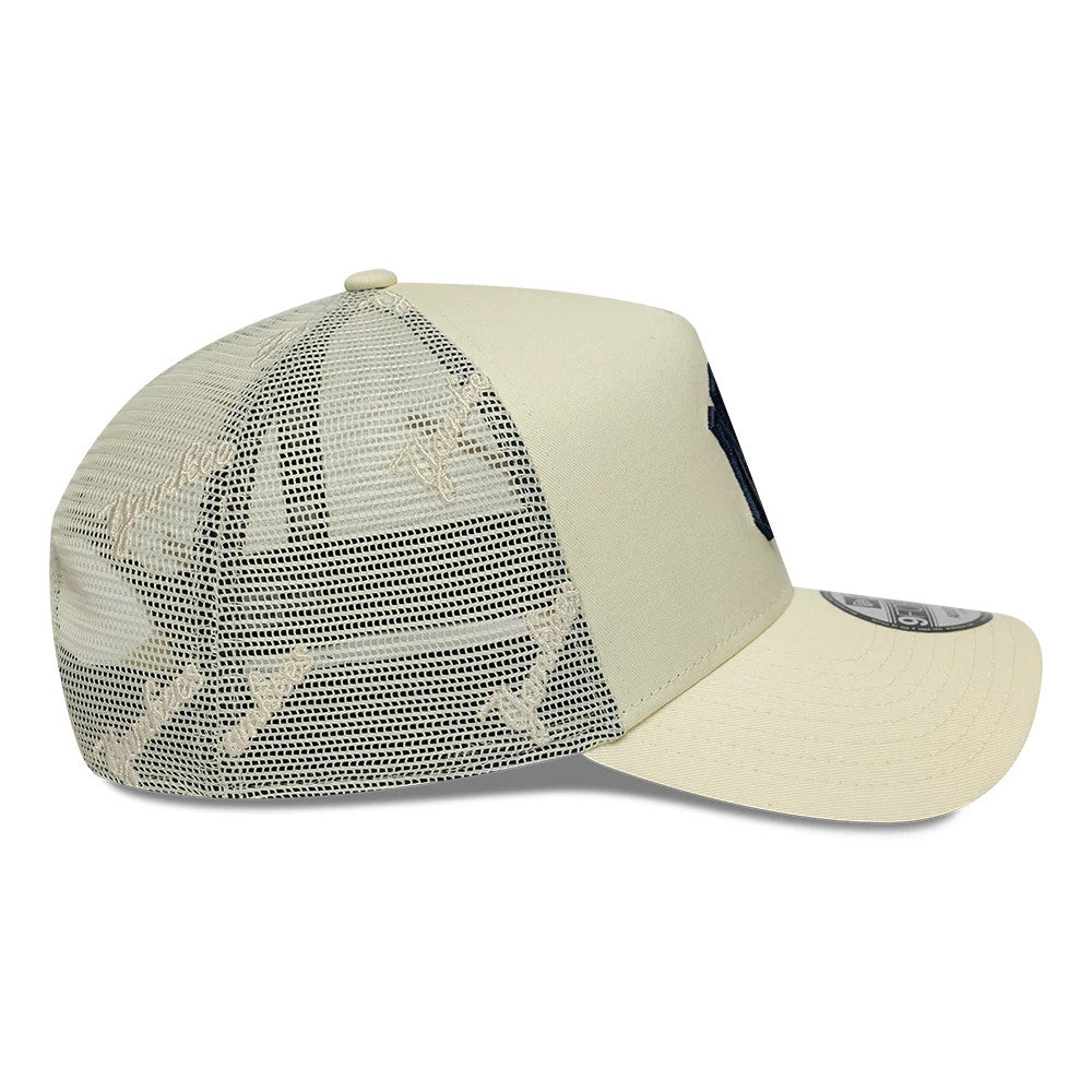 Pictured is this MLB Mesh New York Yankees 9FORTY A-Frame Trucker cap in cream. 7