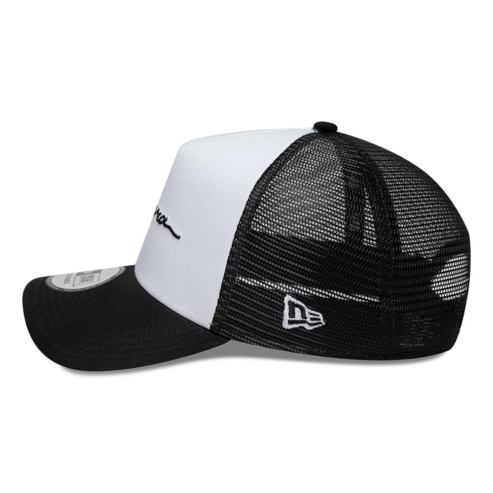Pictured is this New Era Handwritten 9FORTY A-Frame Trucker cap in white & black. 4