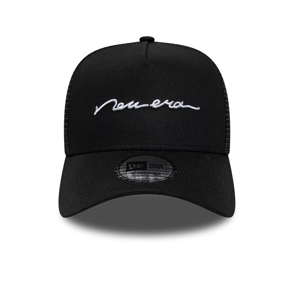 Pictured is this New Era Handwritten 9FORTY A-Frame Trucker cap in black. 2