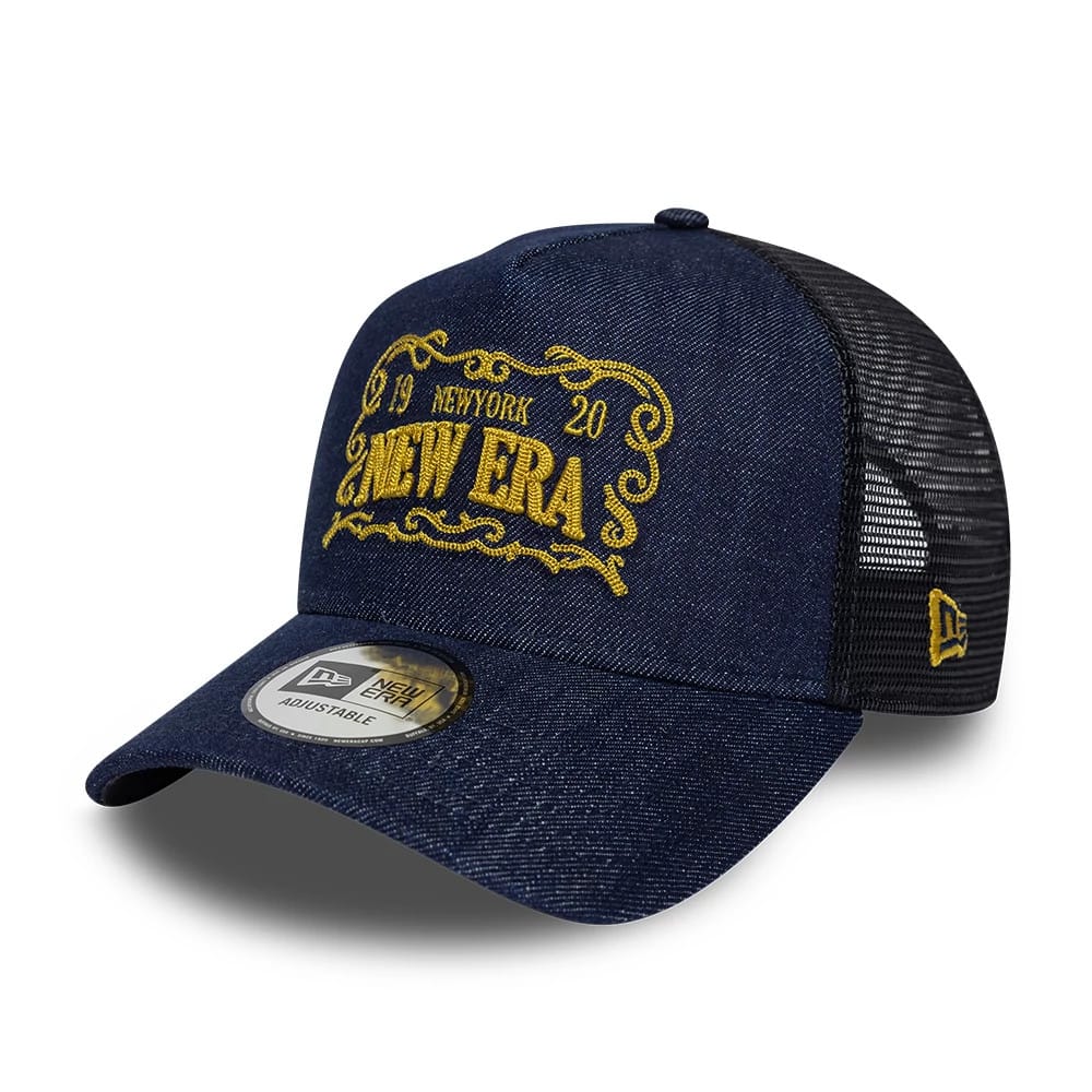 Pictured is this New Era Frame Logo 9FORTY A-Frame Trucker cap in navy. 1