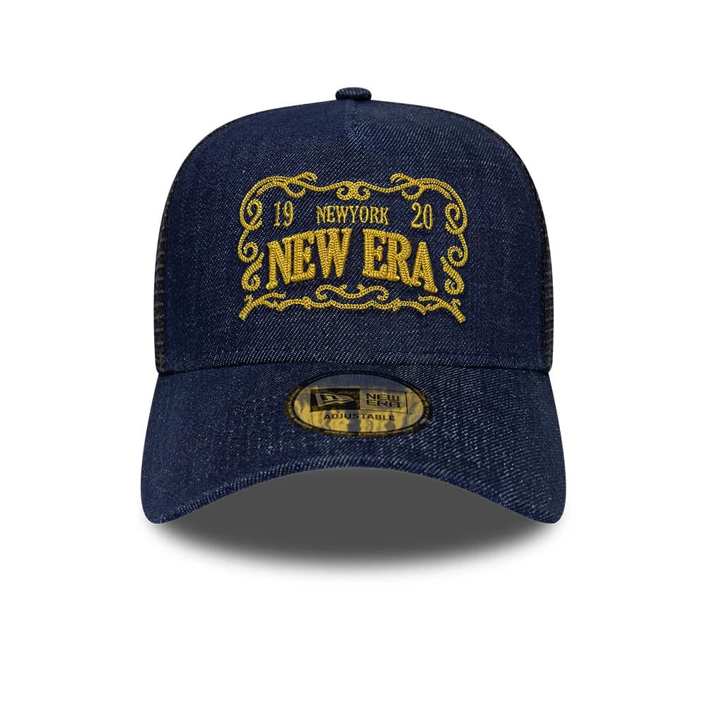 Pictured is this New Era Frame Logo 9FORTY A-Frame Trucker cap in navy. 2