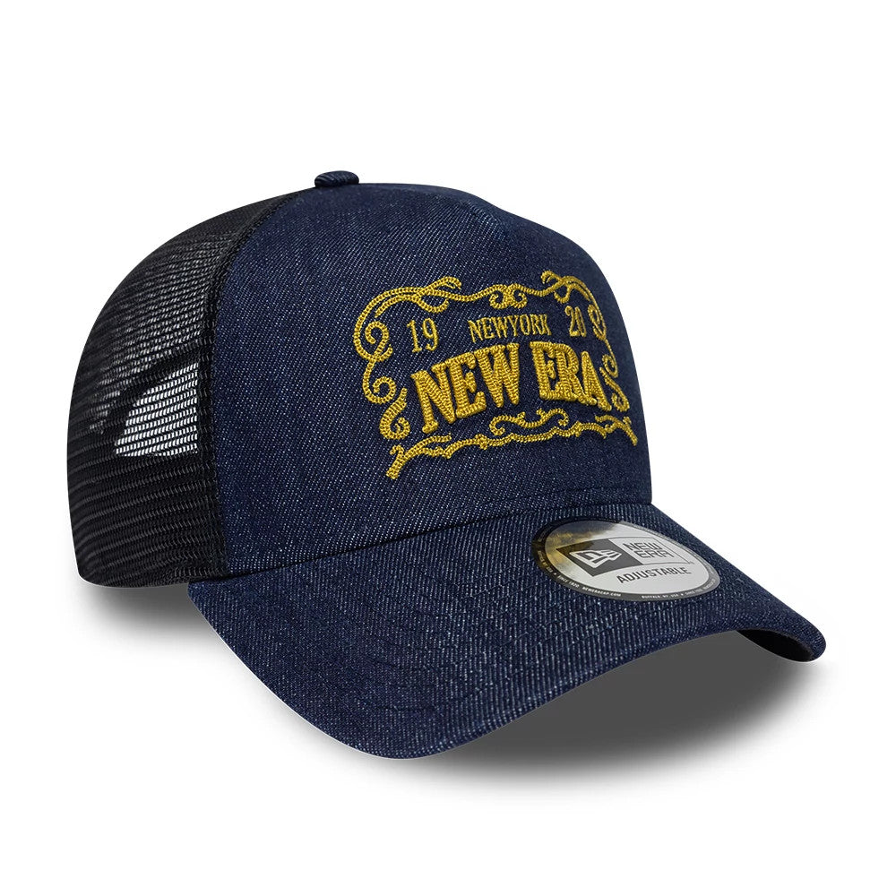 New Era Frame Logo Navy New Era 9FORTY A-Frame Trucker Adjustable Cap, three-quarter view showing yellow embroidered decorative New Era front logo, black mesh rear panels, and 9FORTY size sticker on the curved visor.