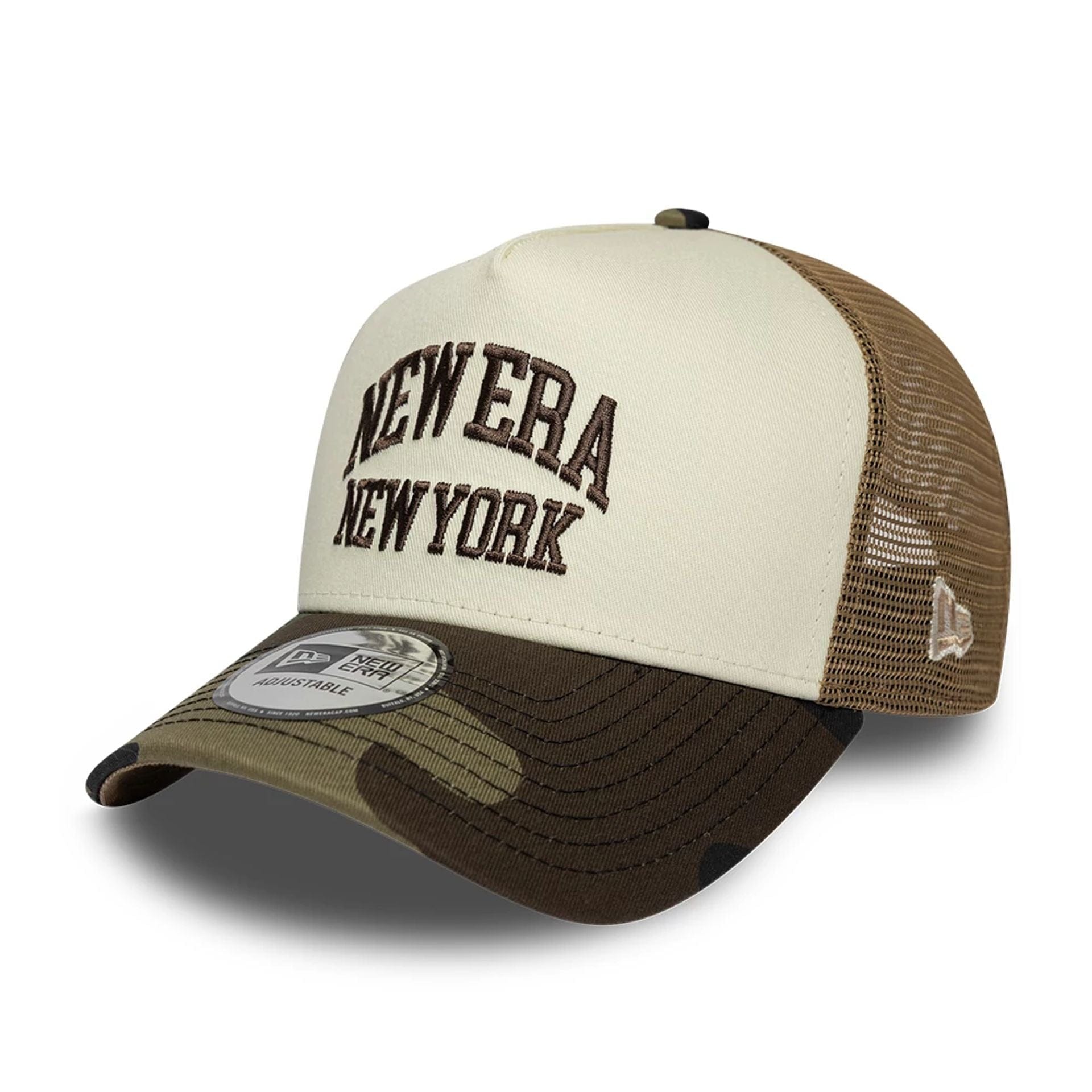 Pictured is this New Era Collegiate 9FORTY A-Frame Trucker cap in Beige. 1