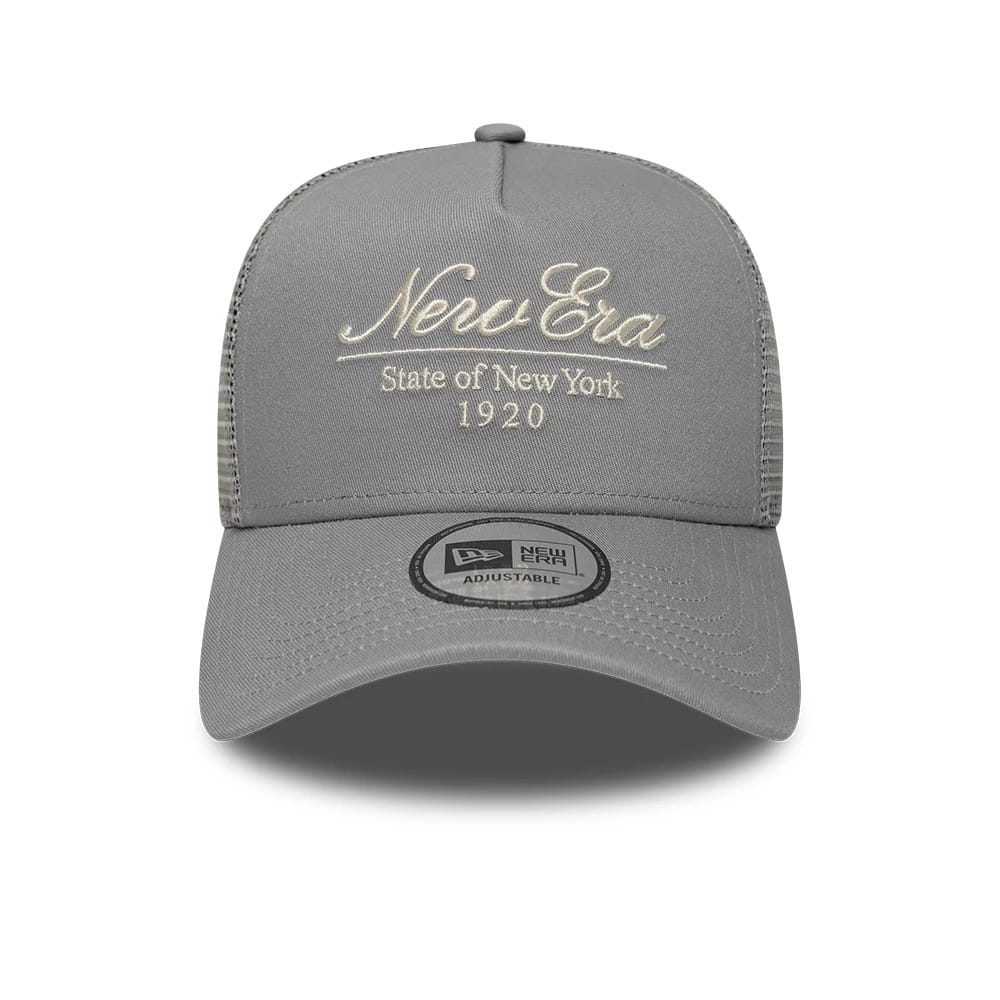 Pictured is this New Era Script 9FORTY A-Frame Trucker cap in grey. 2