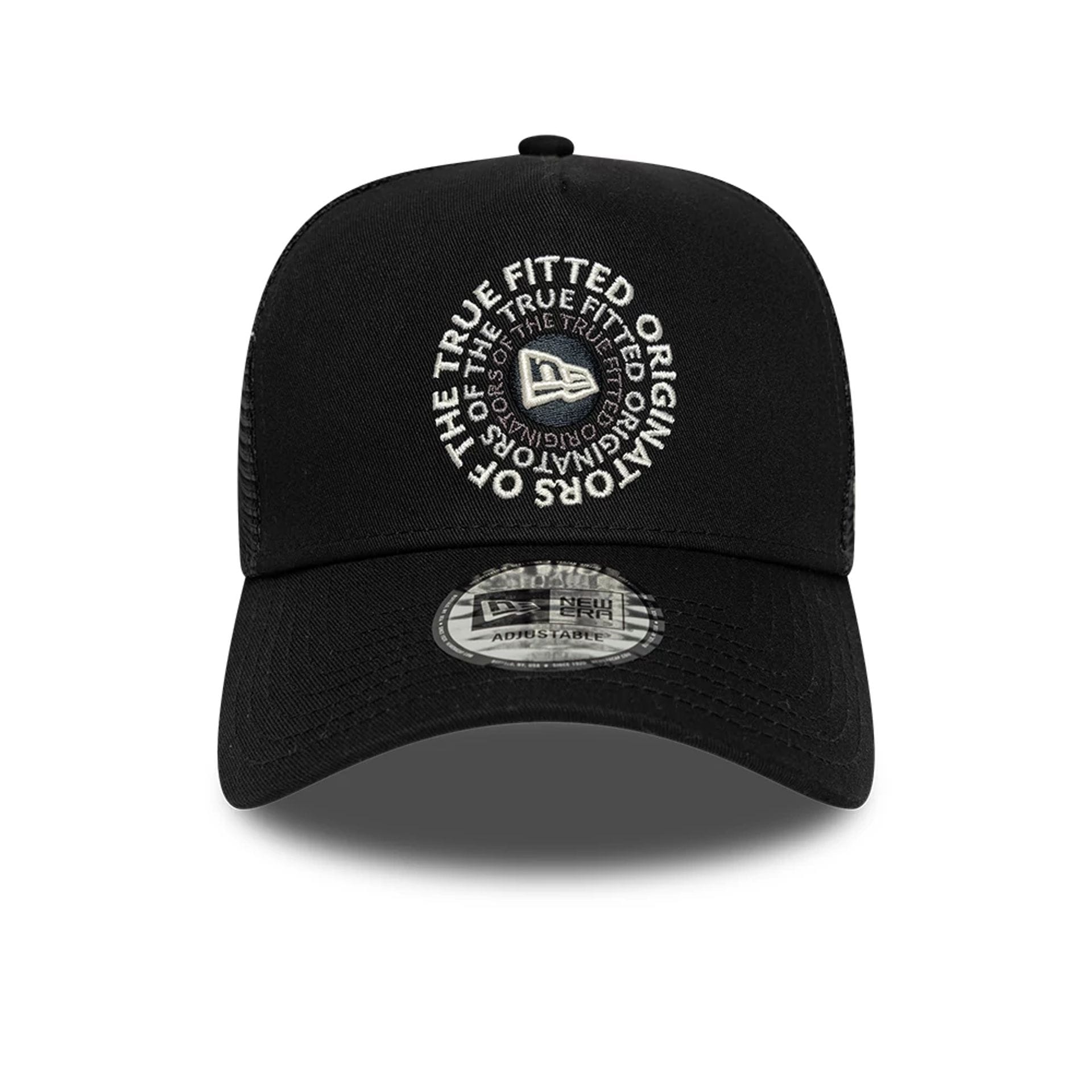 Pictured is this New Era Circle 9FORTY A-Frame Trucker cap in black. 2