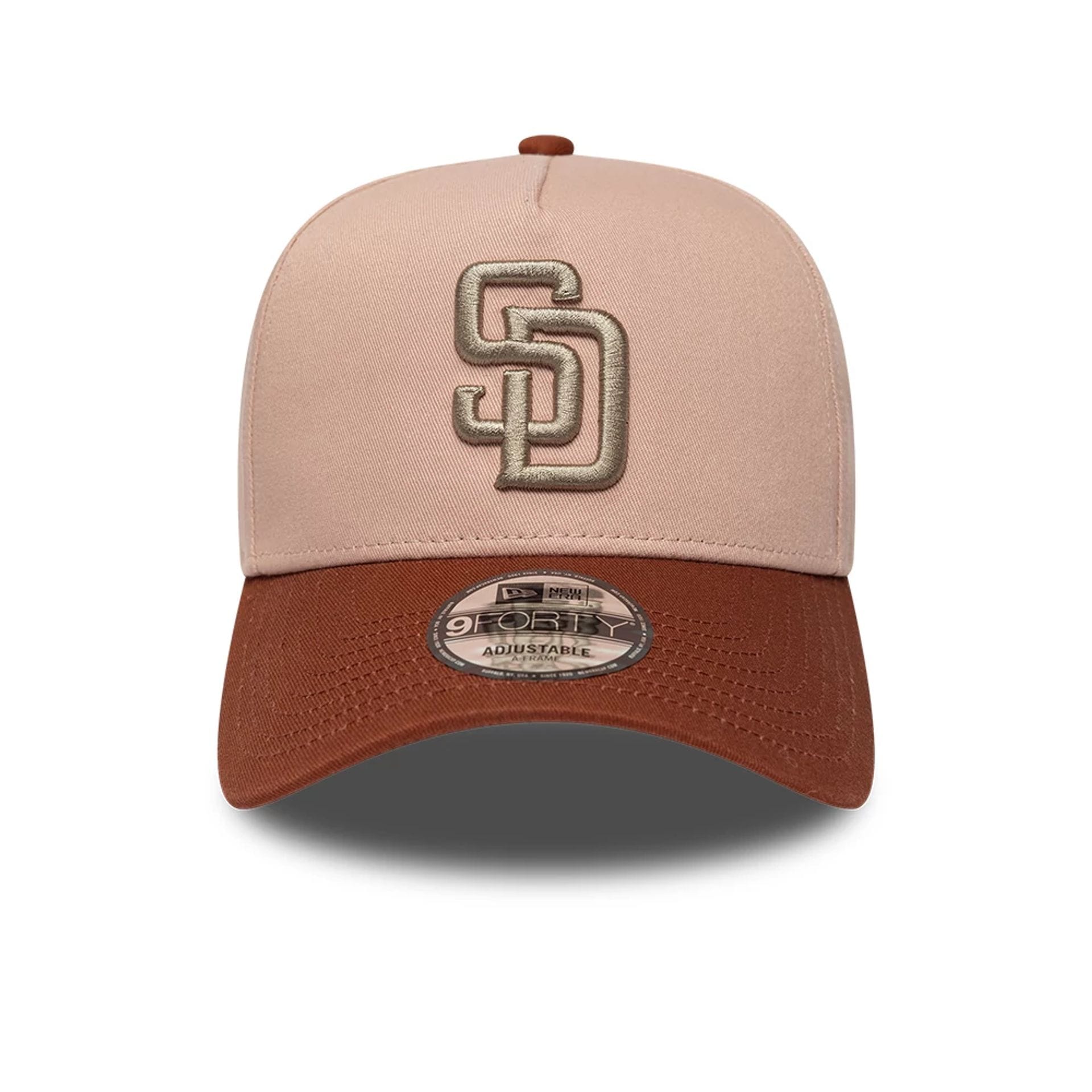 Pictured is this MLB Mocha Mousse San Diego Padres 9FORTY A-Frame Adjustable cap in pastel pink. 2
