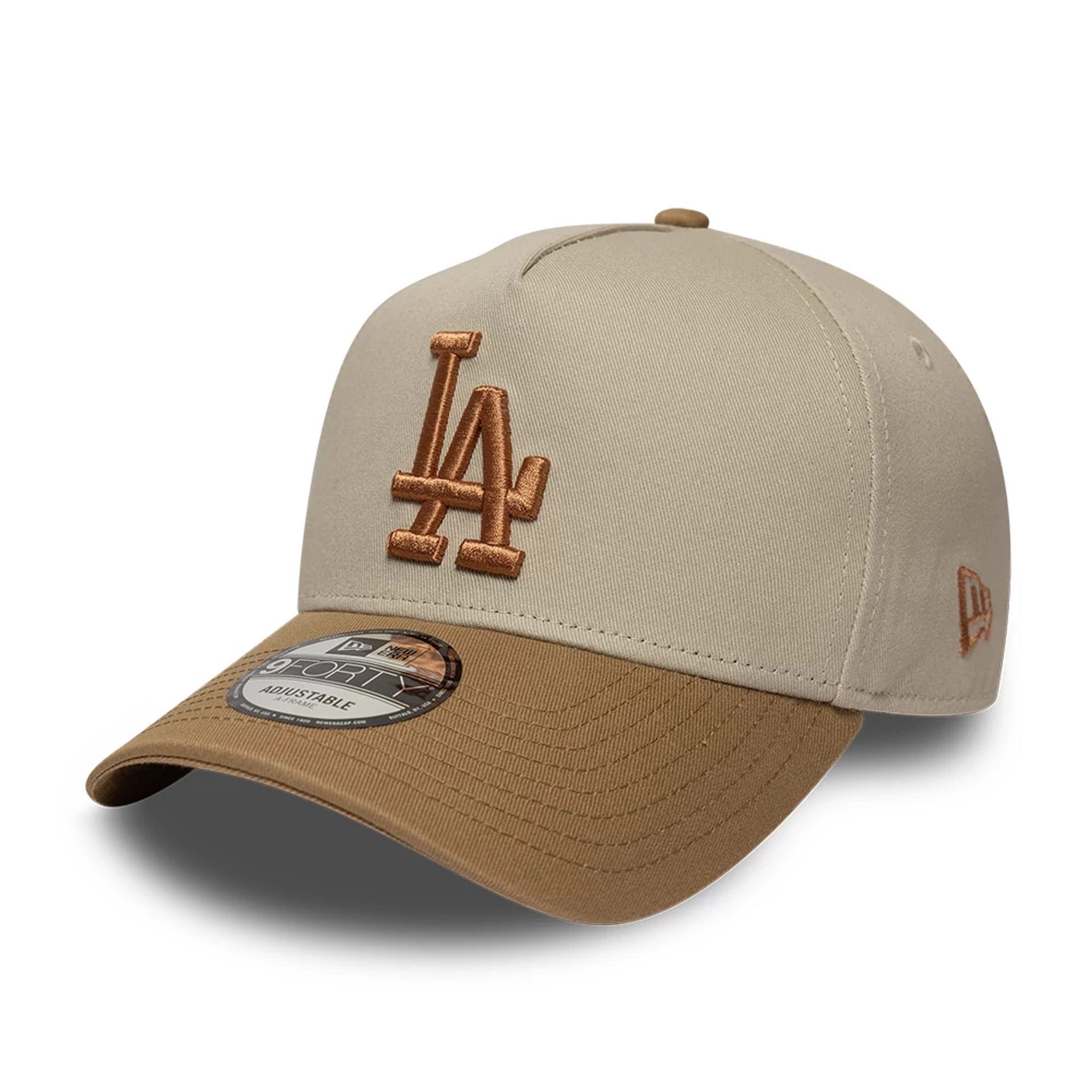 Pictured is this MLB Mocha Mousse LA Dodgers 9FORTY A-Frame Adjustable cap in beige. 1