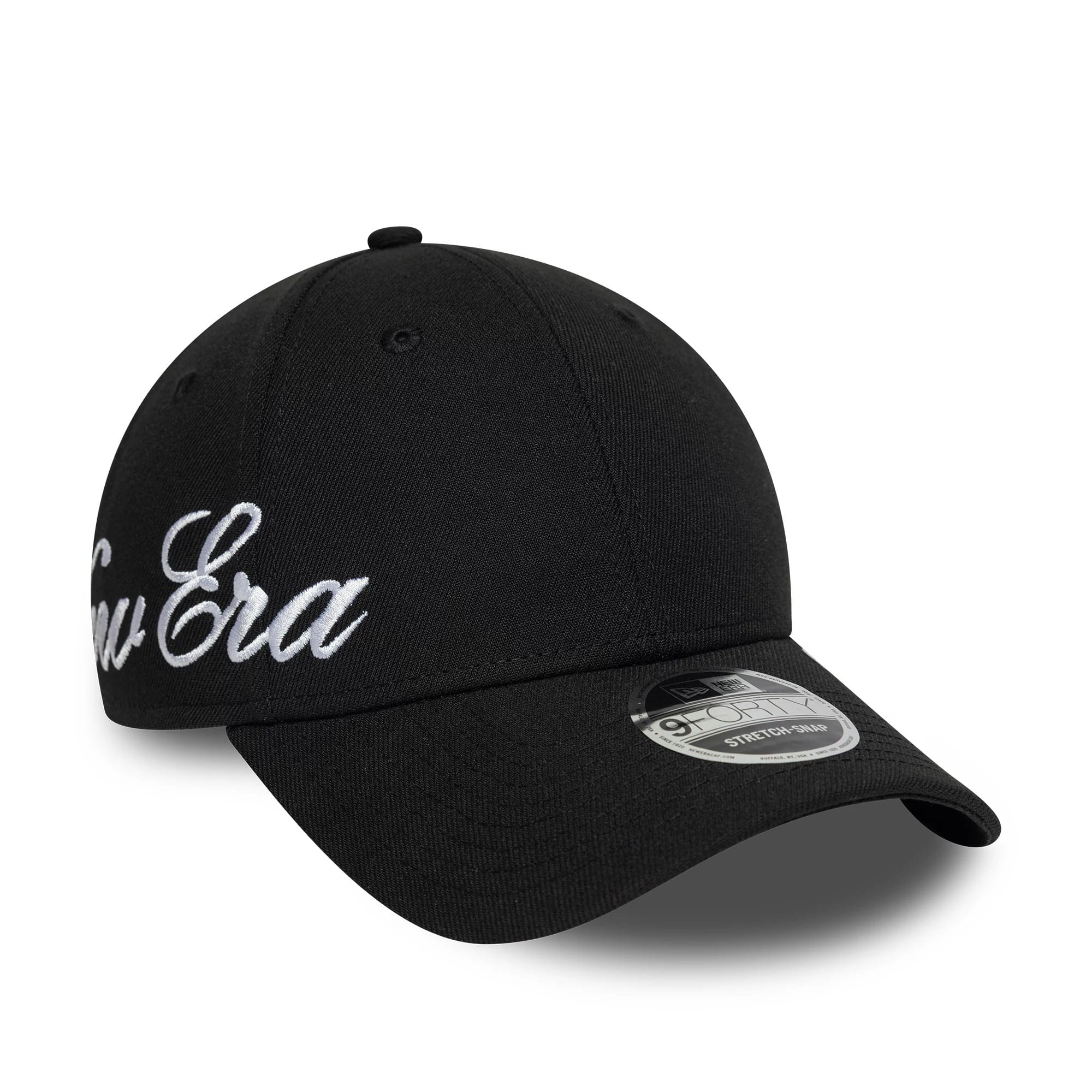 Pictured is this New Era Big Script 9FORTY Stretch Snap cap in black. 1