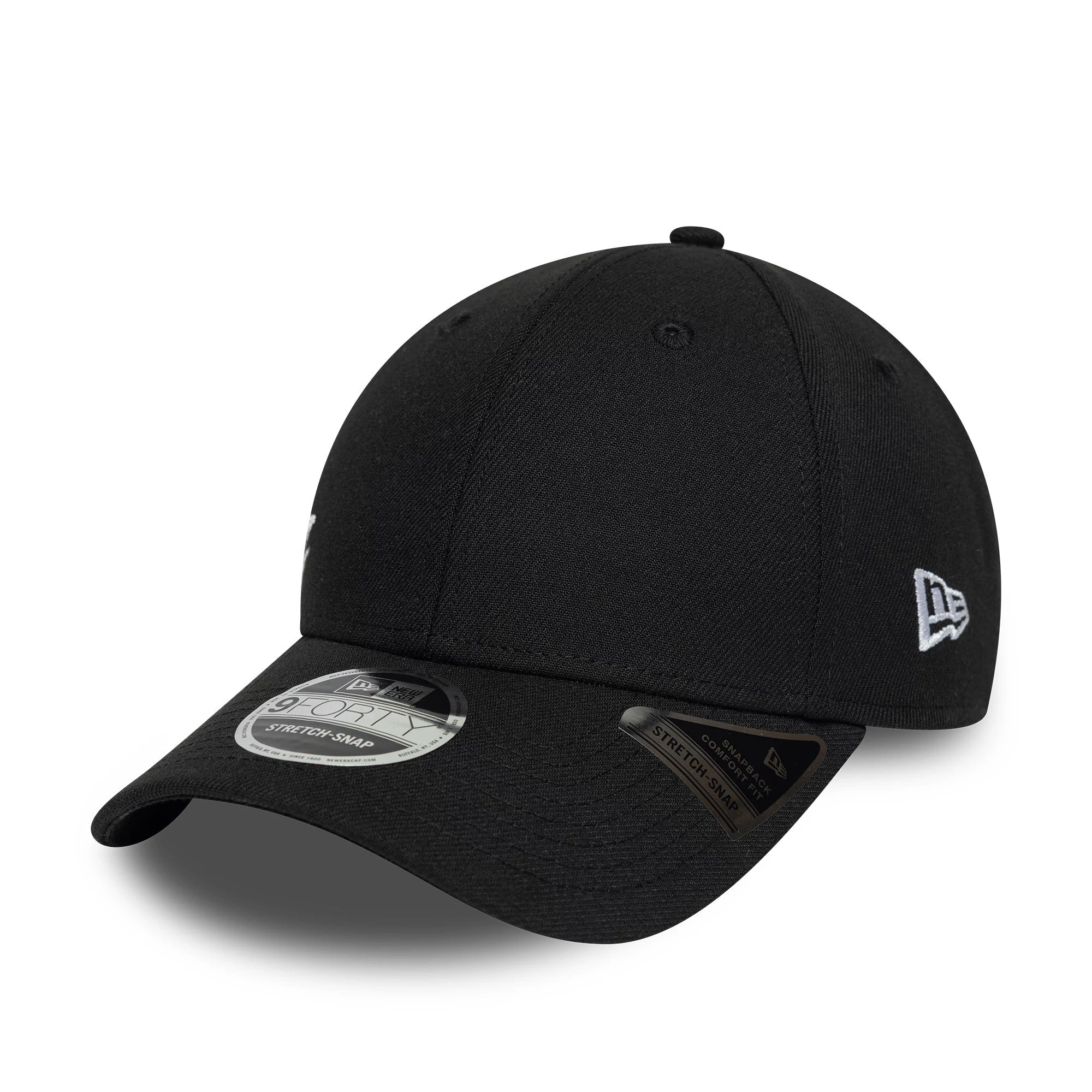 Pictured is this New Era Big Script 9FORTY Stretch Snap cap in black. 3