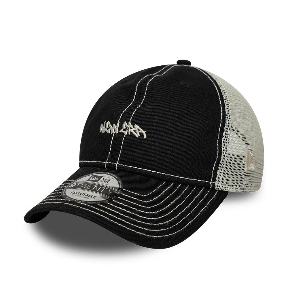 Pictured is this New Era Tagging Logo 9TWENTY Trucker cap in black. 1