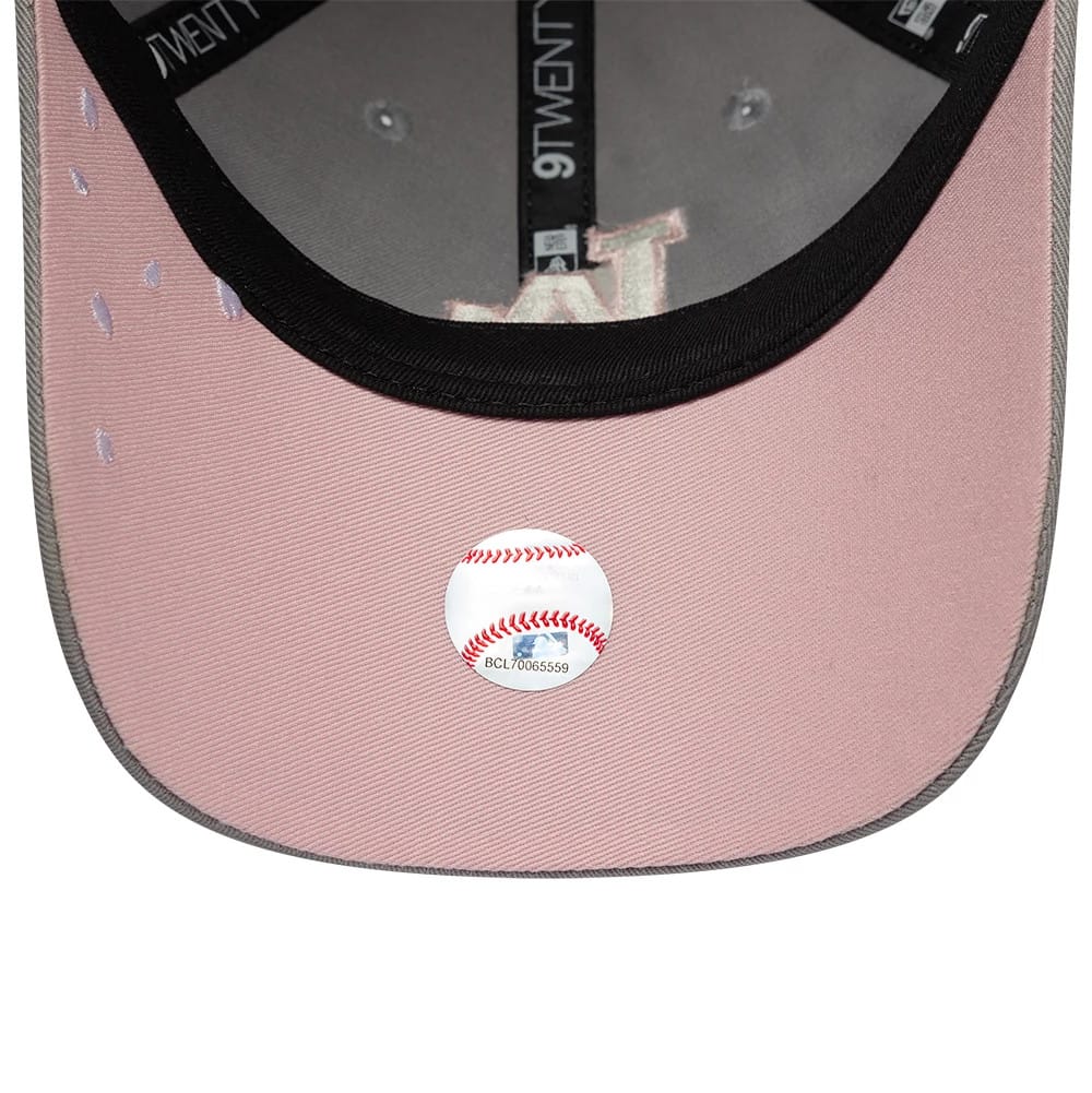 LA Dodgers MLB Sakura Nagashi Grey New Era 9TWENTY Adjustable Cap, inside view showing grey taping with 9TWENTY branding, a pink undervisor, and an MLB authenticity hologram sticker centred on the underside.