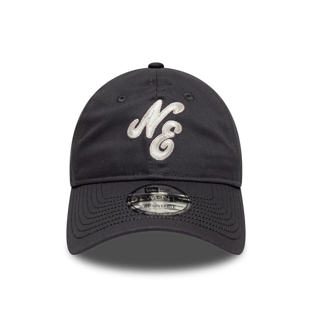 New Era Sakura Nagashi Dark Grey New Era 9TWENTY Adjustable Cap, front view showing raised white embroidered NE logo on the front panel and a 9TWENTY size sticker on the curved visor with a black top button.