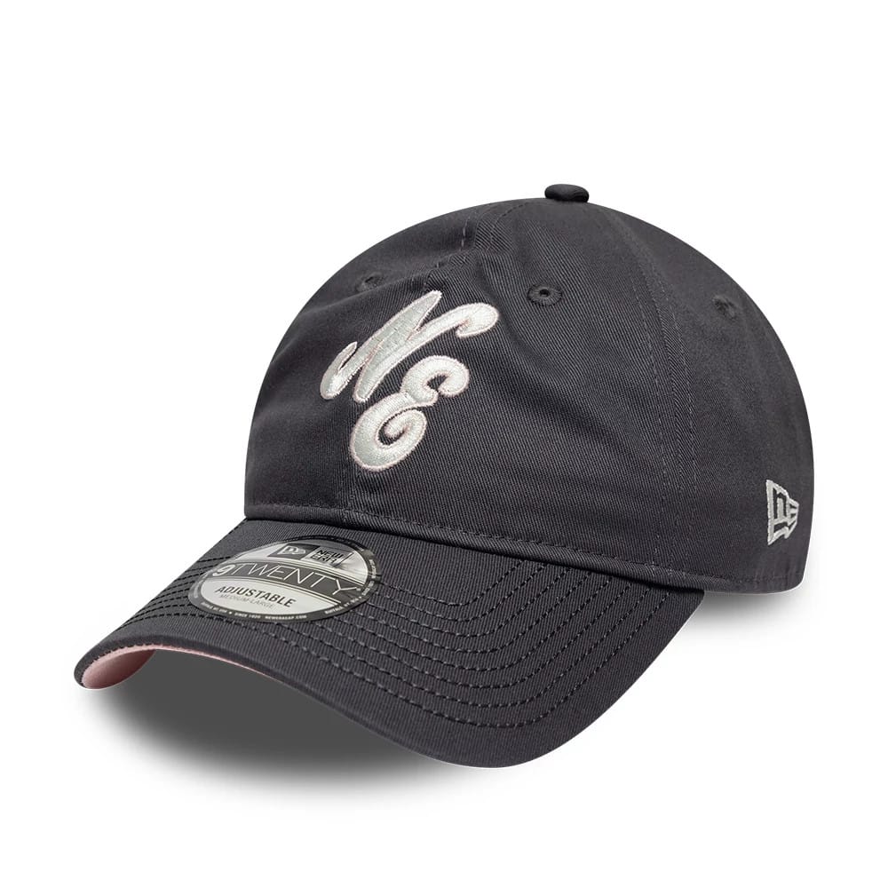 New Era Sakura Nagashi Dark Grey New Era 9TWENTY Adjustable Cap, three-quarter view showing a raised silver "NE" logo on the front panel, dark grey curved visor with a 9TWENTY size sticker, and the New Era flag logo on the left side.