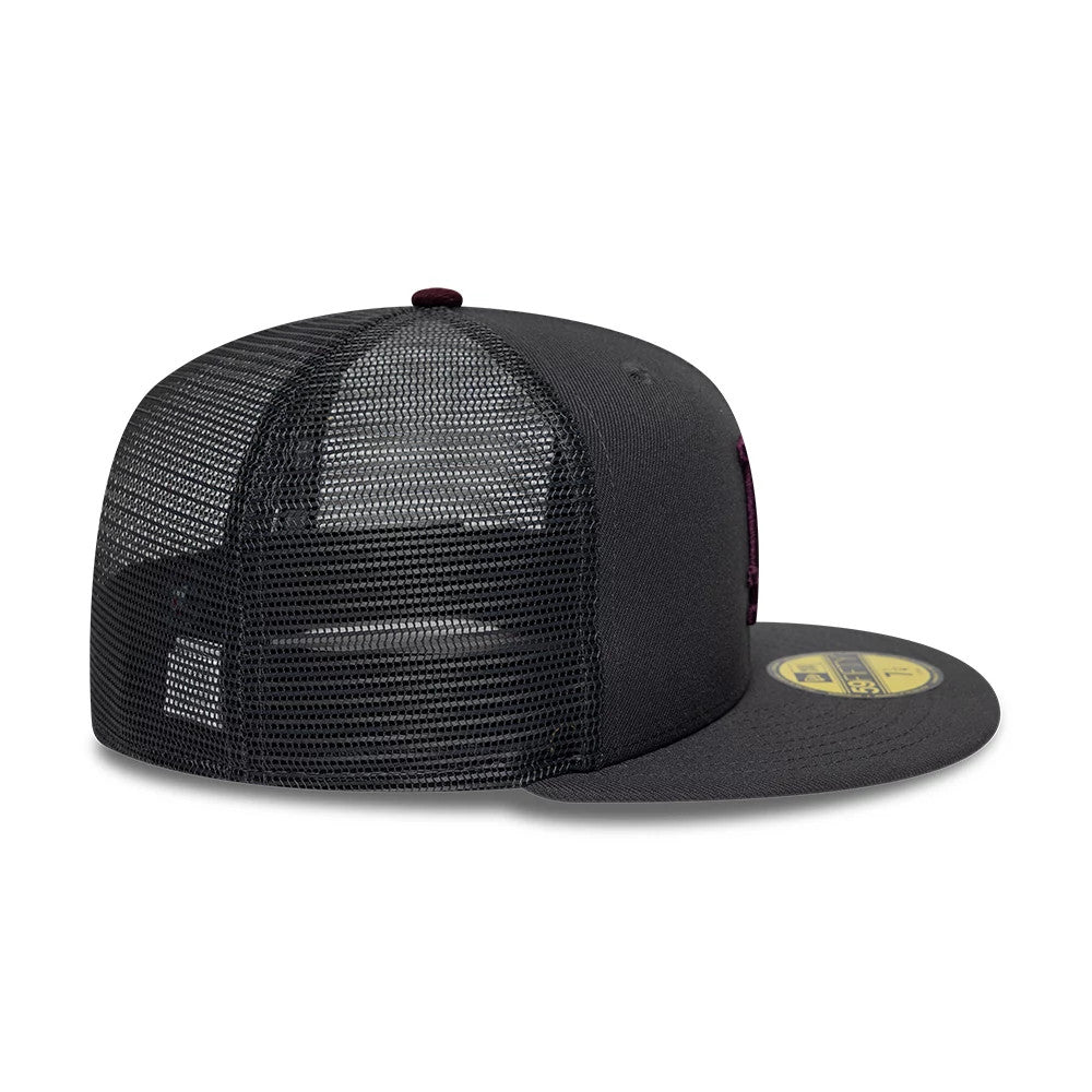 LA Dodgers MLB Hydrangea Dark Grey New Era 59FIFTY Fitted Cap, side view showing the structured mesh back panels, the flat visor with a gold 59FIFTY size sticker, and the dark grey top button.