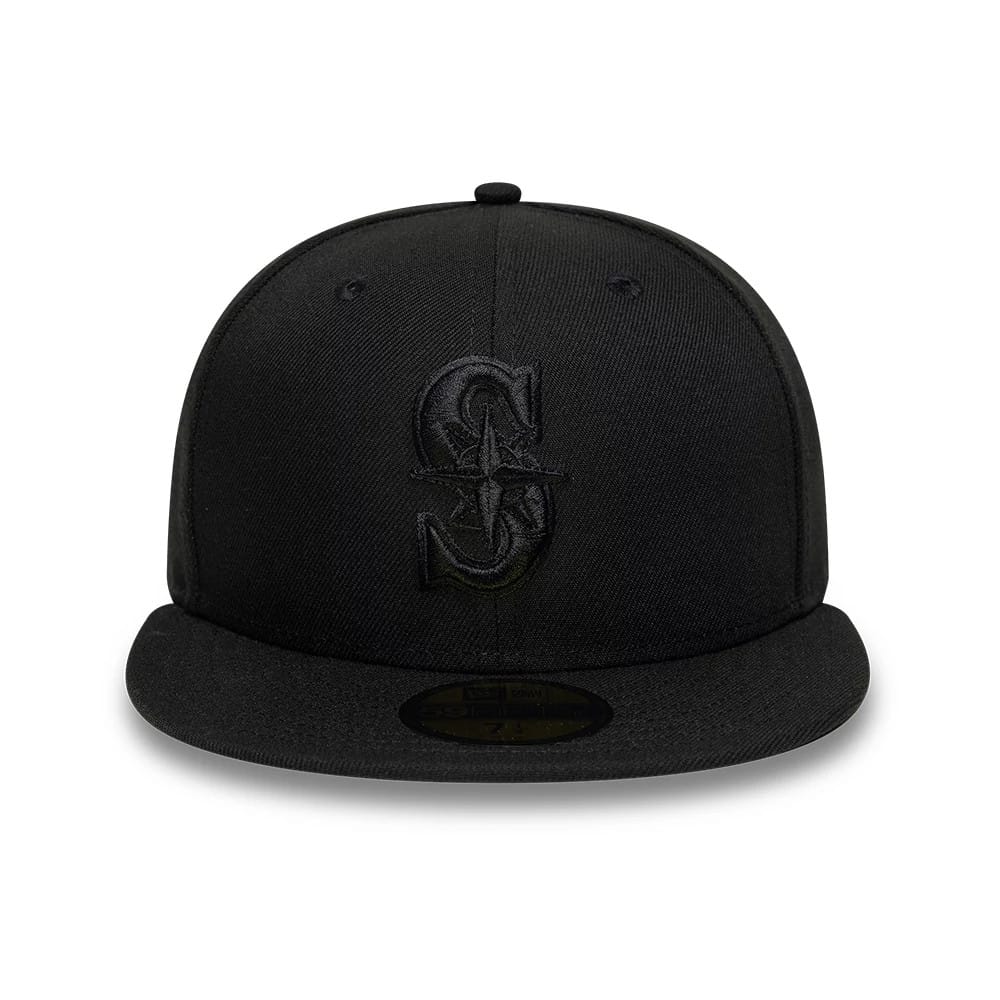 Pictured is this MLB Black On Black Seattle Mariners 59FIFTY Fitted cap in black. 2
