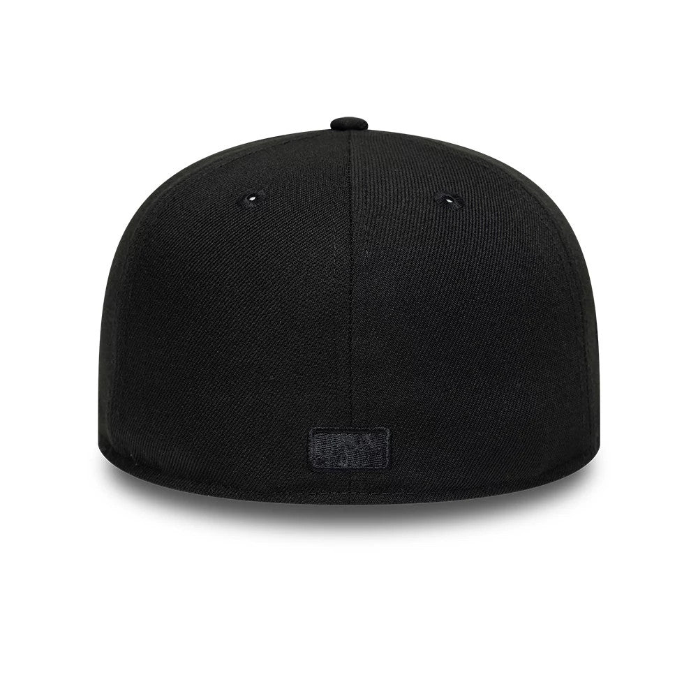 Seattle Mariners MLB Black On Black New Era 59FIFTY Fitted Cap, rear view showing a tonal embroidered MLB Batterman logo at the centre of the back panels, set on a smooth, structured black crown.