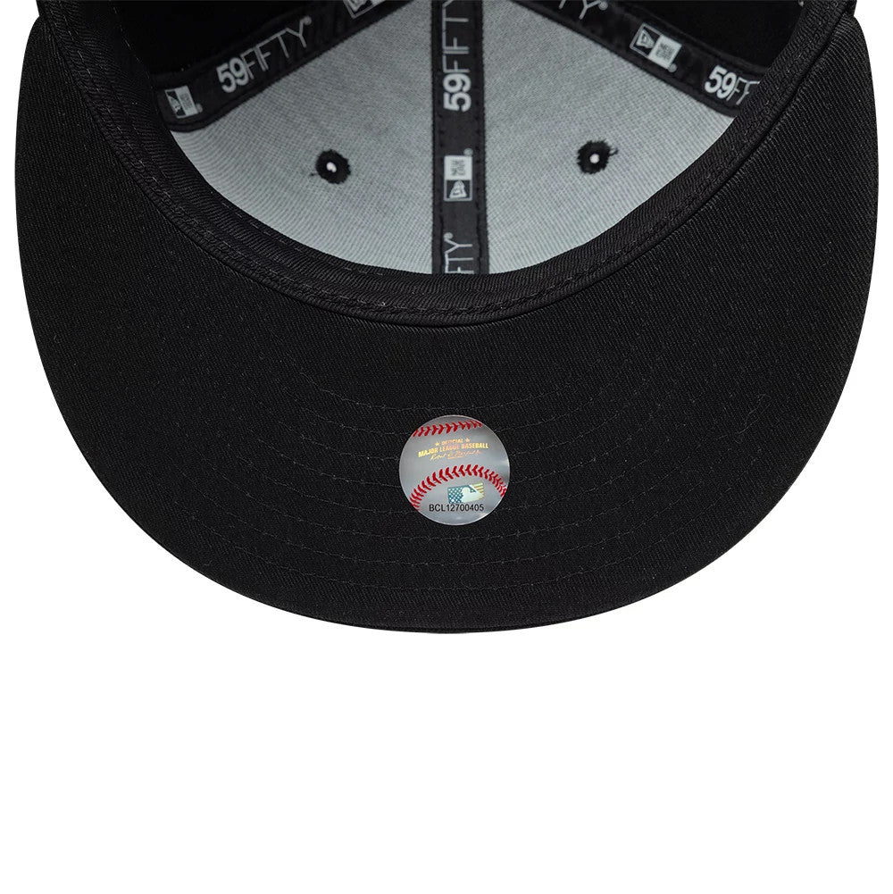 Seattle Mariners MLB Black On Black New Era 59FIFTY Fitted Cap, inside view showing black sweatband, grey taping with 59FIFTY branding, and MLB holographic sticker on the black undervisor.