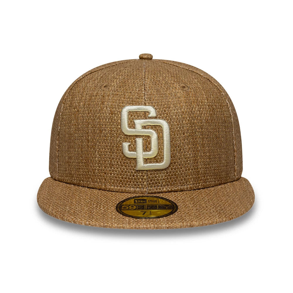 San Diego Padres MLB Straw Dark Beige New Era 59FIFTY Fitted Cap, front view showing raised beige embroidered SD logo on the front panel and gold 59FIFTY size sticker on the flat visor.