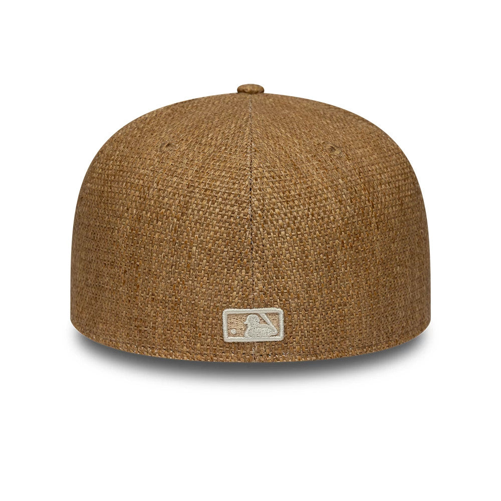 San Diego Padres MLB Straw Dark Beige New Era 59FIFTY Fitted Cap, rear view showing the white embroidered MLB Batterman logo at the centre back, with a dark beige straw texture and a structured crown.