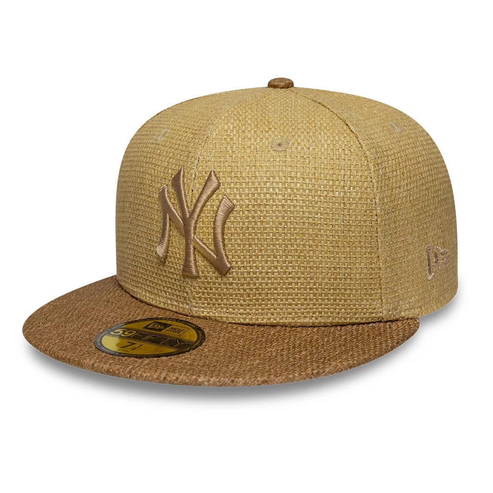 Pictured is this MLB Straw New York Yankees 59FIFTY Fitted cap in beige. 1
