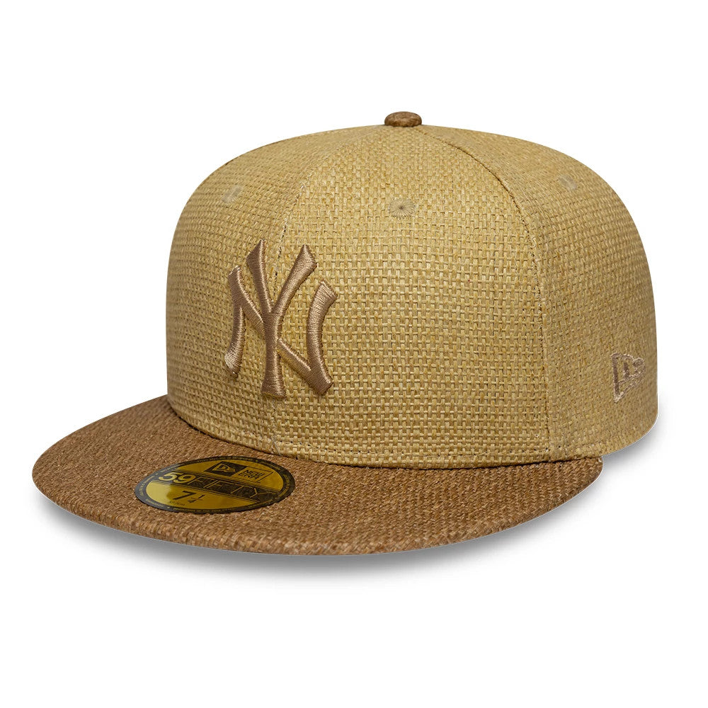 Pictured is this MLB Straw New York Yankees 59FIFTY Fitted cap in beige. 1