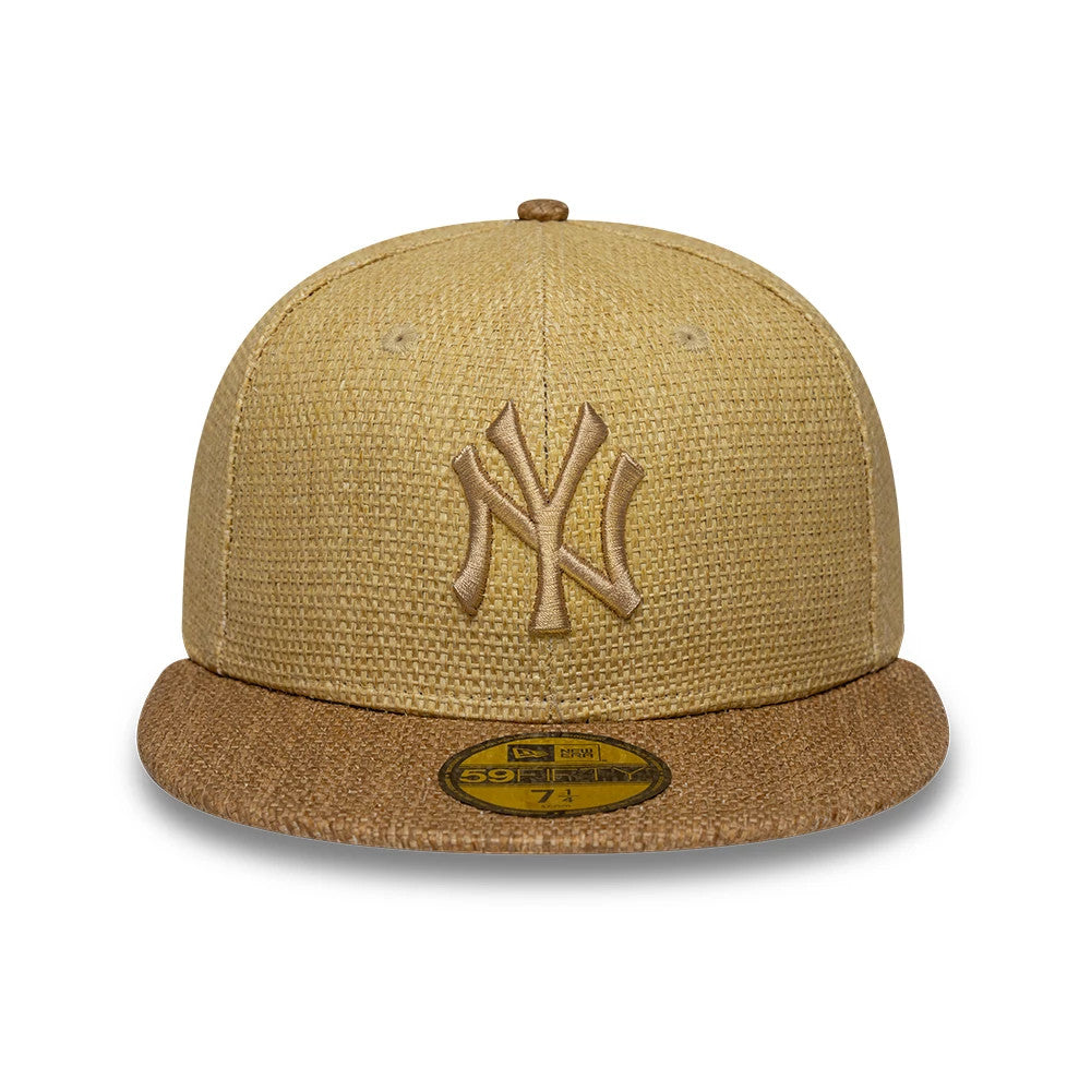 New York Yankees MLB Straw Beige New Era 59FIFTY Fitted Cap, front view showing the raised embroidered NY logo on the front panel, light brown flat visor with gold 59FIFTY size sticker, and textured straw-like material.