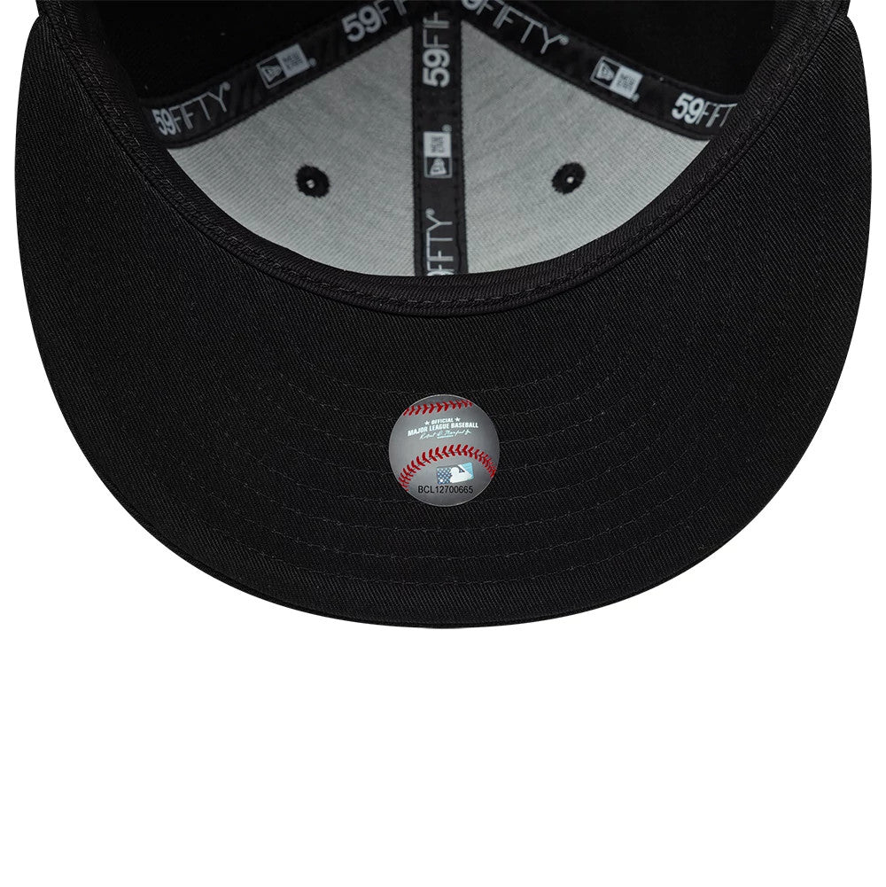 Detroit Tigers MLB Black On Black New Era 59FIFTY Fitted Cap, inside view showing the black sweatband with 59FIFTY branding, grey undervisor, and round holographic sticker centred on the underside of the visor.