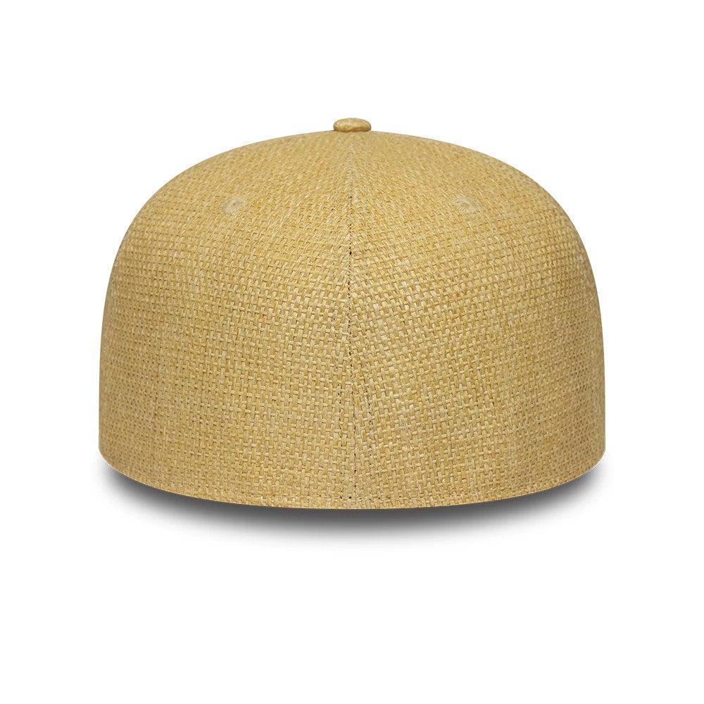 New Era Straw Beige 59FIFTY Fitted Cap, rear view showing a seamless woven straw texture across the entire structured crown, centred by a matching straw top button for a cohesive finish.