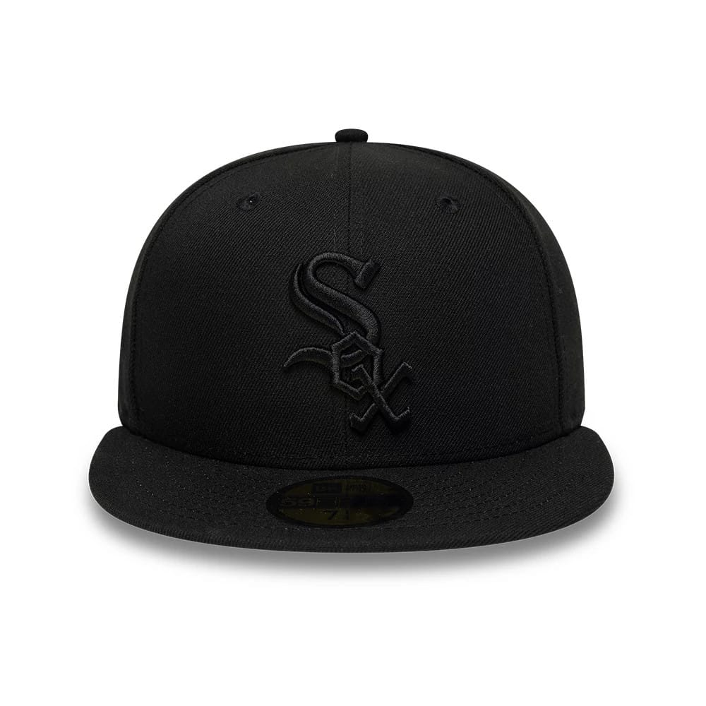 Pictured is this MLB Black On Black Chicago White Sox 59FIFTY Fitted cap in black. 2