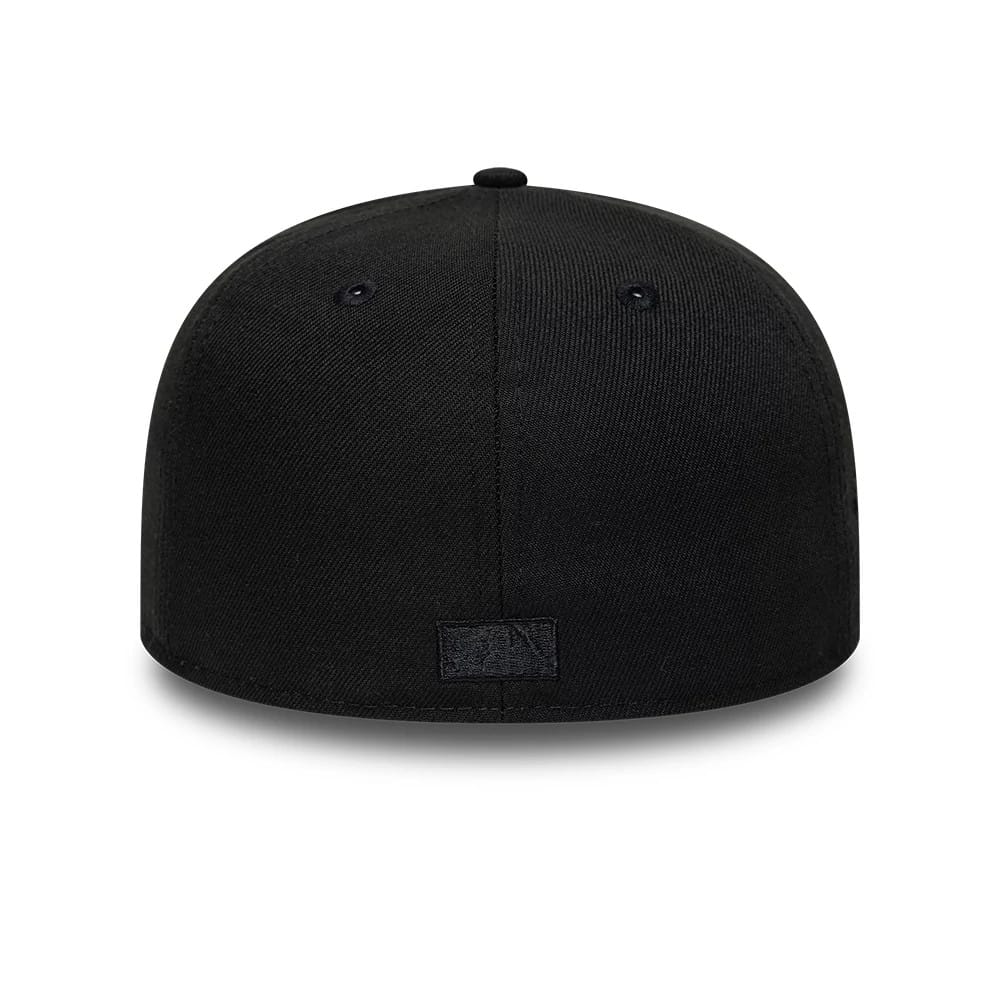 Chicago White Sox MLB Black On Black New Era 59FIFTY Fitted Cap, rear view showing the black embroidered MLB Batterman logo at the centre of the back panels, set low on the structured black crown.