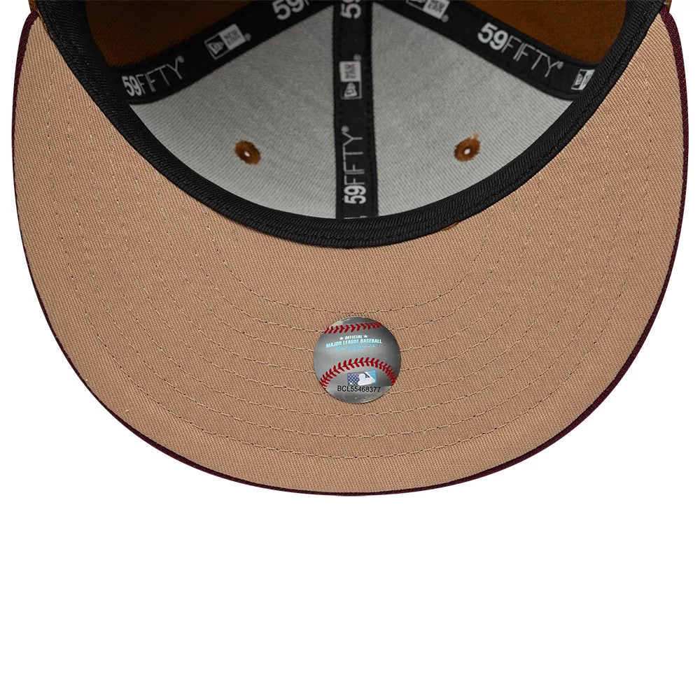 Arizona Diamondbacks MLB Mocha Mousse Dark Beige New Era 59FIFTY Fitted Cap, inside view showing grey taping with logos, black sweatband, light grey sweatband, and the MLB Batterman sticker on the brown undervisor.
