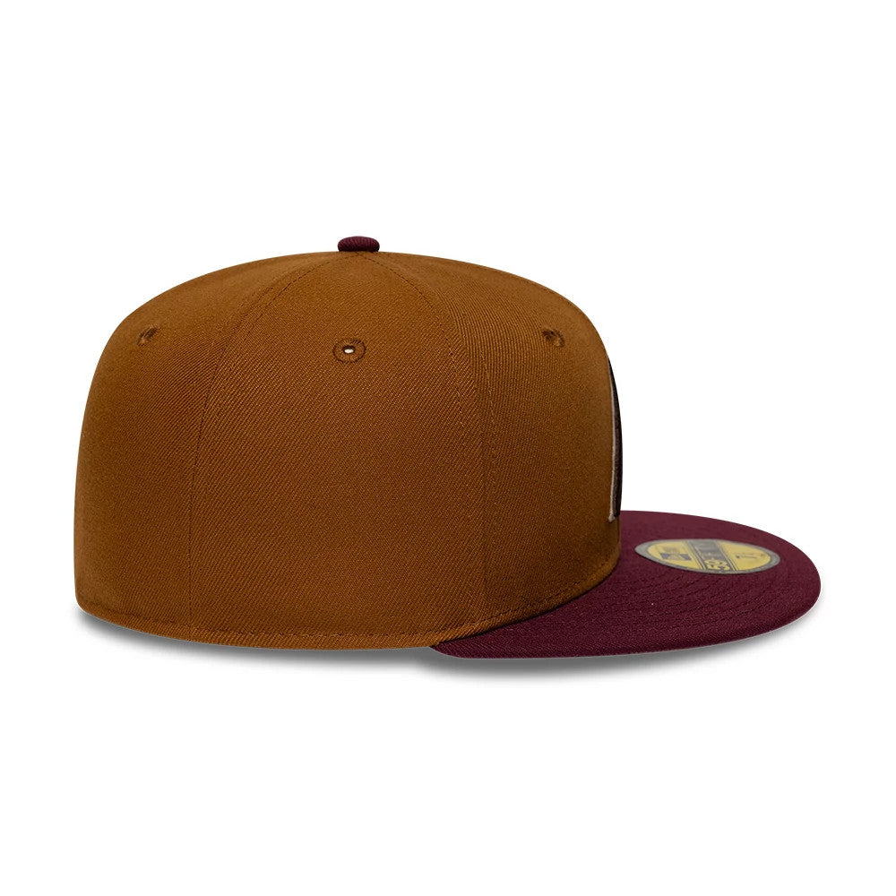 Arizona Diamondbacks MLB Mocha Mousse Dark Beige New Era 59FIFTY Fitted Cap, side view showing the maroon flat visor, gold 59FIFTY size sticker, and matching maroon top button on the dark beige structured crown.