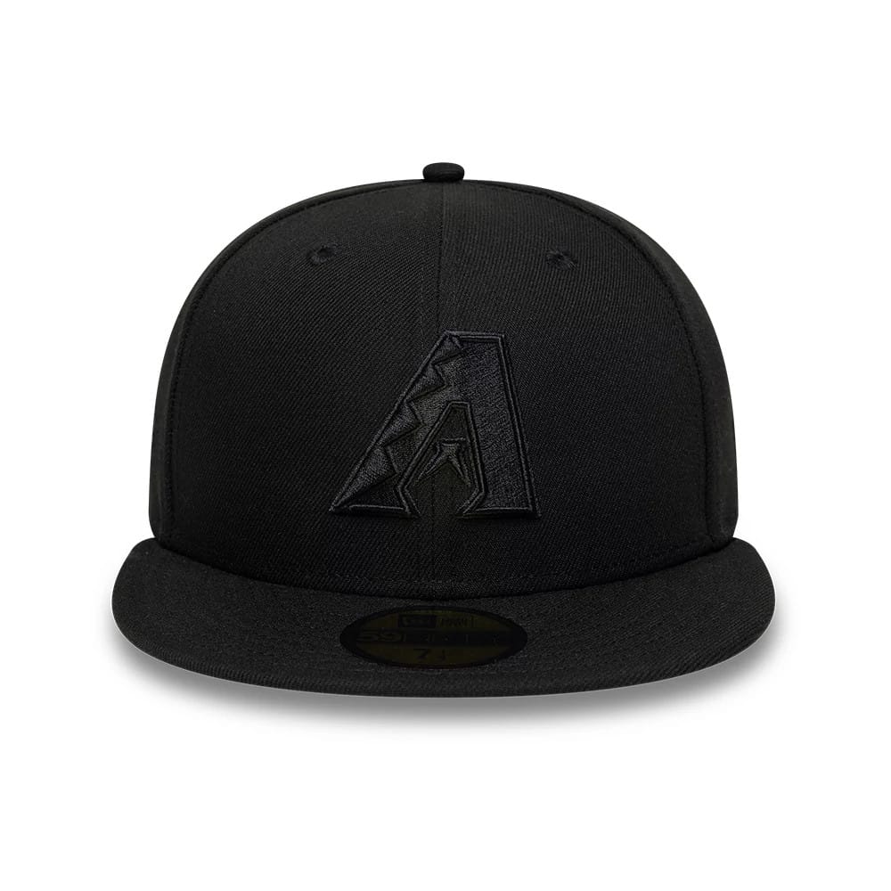 Pictured is this MLB Black On Black Arizona Diamondbacks 59FIFTY Fitted cap in black. 2