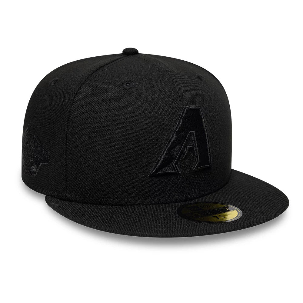 Pictured is this MLB Black On Black Arizona Diamondbacks 59FIFTY Fitted cap in black. 3